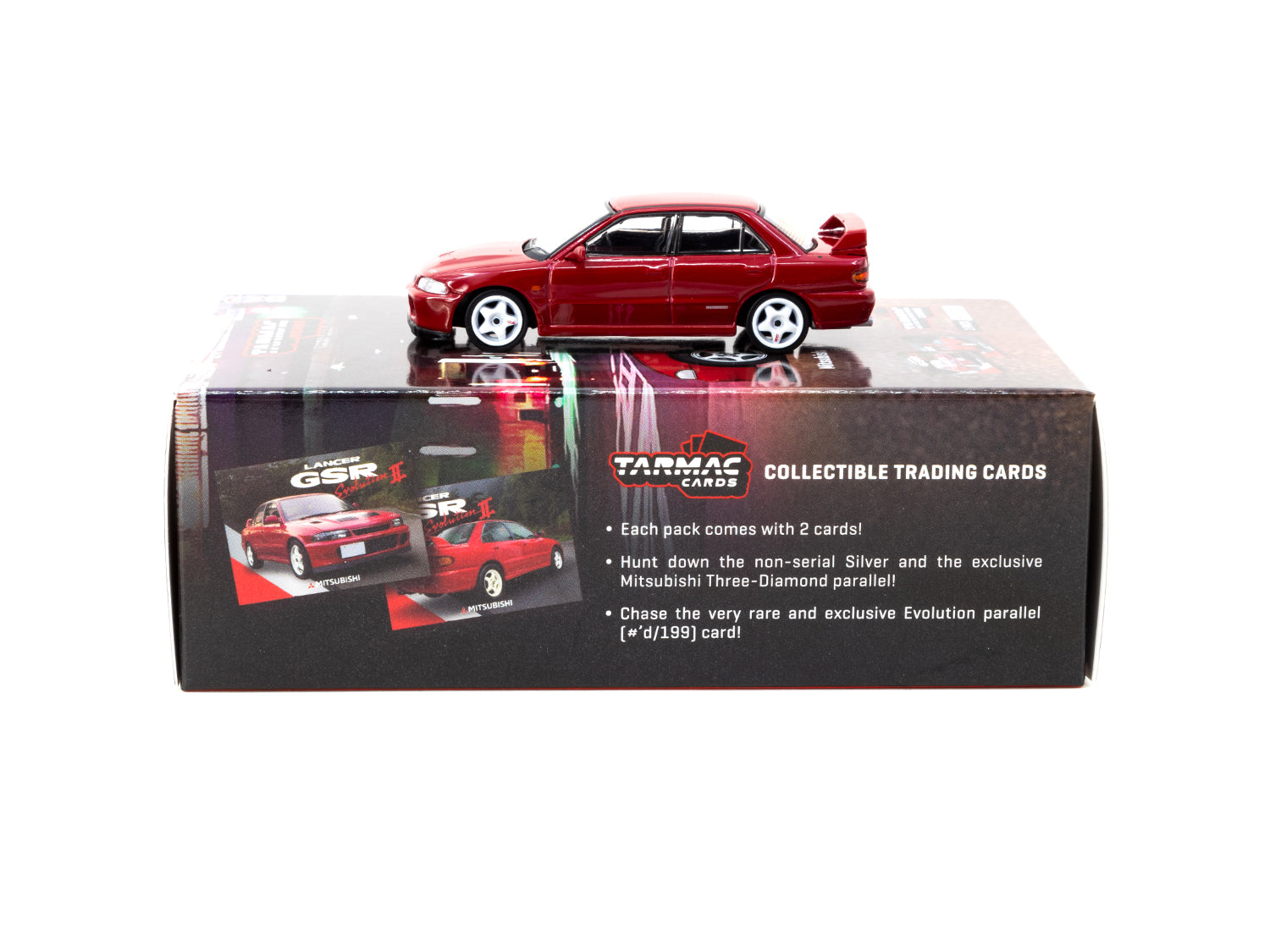 Tarmac Works 1/64 Scale Mitsubishi Lancer GSR Evolution II Diecast Model Car - Red with Tarmac Cards - Collectible Miniature Vehicle for Display & Racing Scenes - Perfect for Car Enthusiasts & Model Collectors