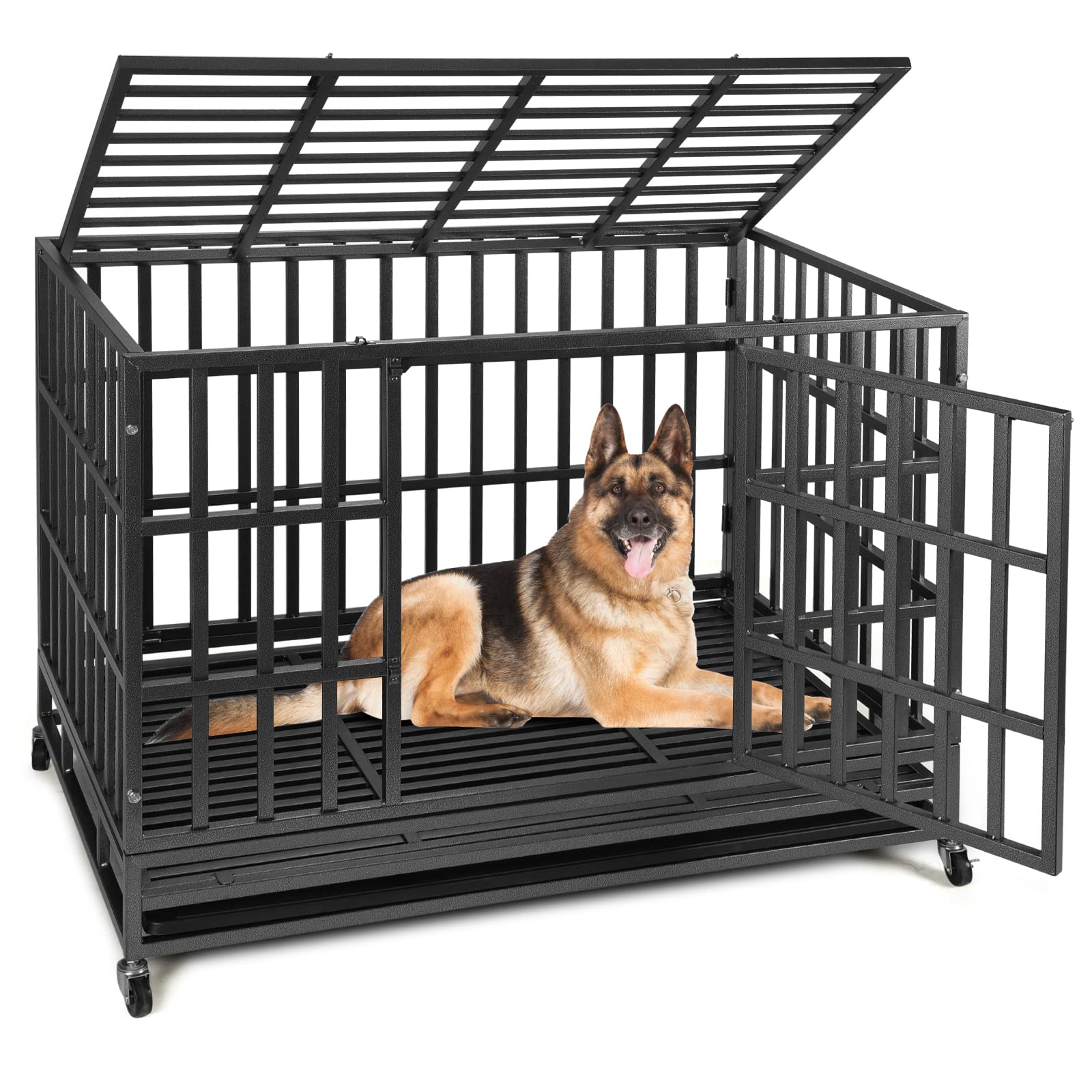 48 Inch Heavy Duty Dog Crate Kennel with Wheels - Indestructible XL XXL Extra Large Dog Cage for High Anxiety Dogs, Removable Tray & Dual Lock System (Black, Square) - Perfect for Travel, Training & Home Security