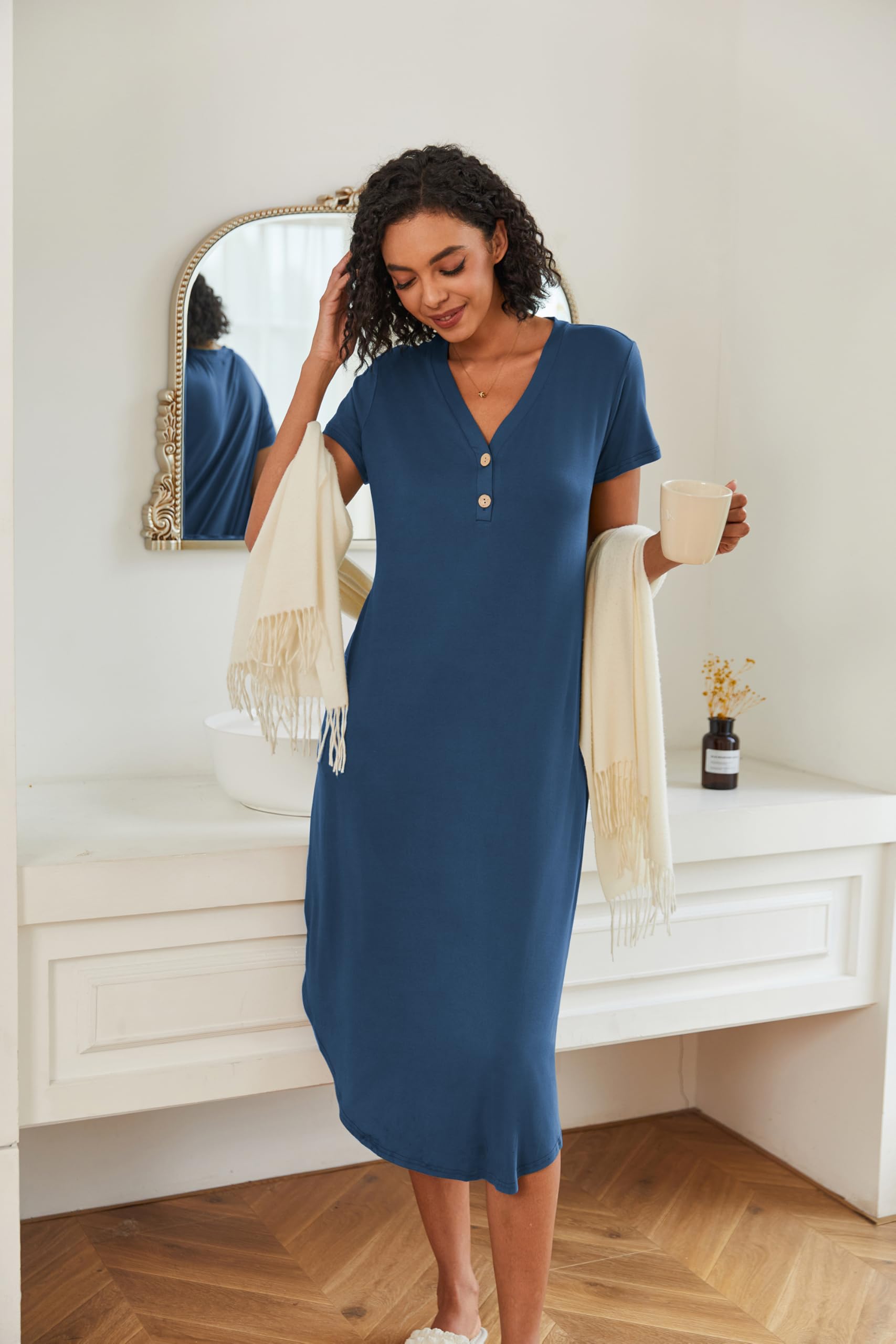 Ekouaer Women's Long Button-Down Nightgown - Short Sleeve Sleepwear with Pockets, Full Length Comfortable Sleep Shirt (Sizes S-2XL) - Perfect for Relaxing at Home, Lounging & Overnight Stays