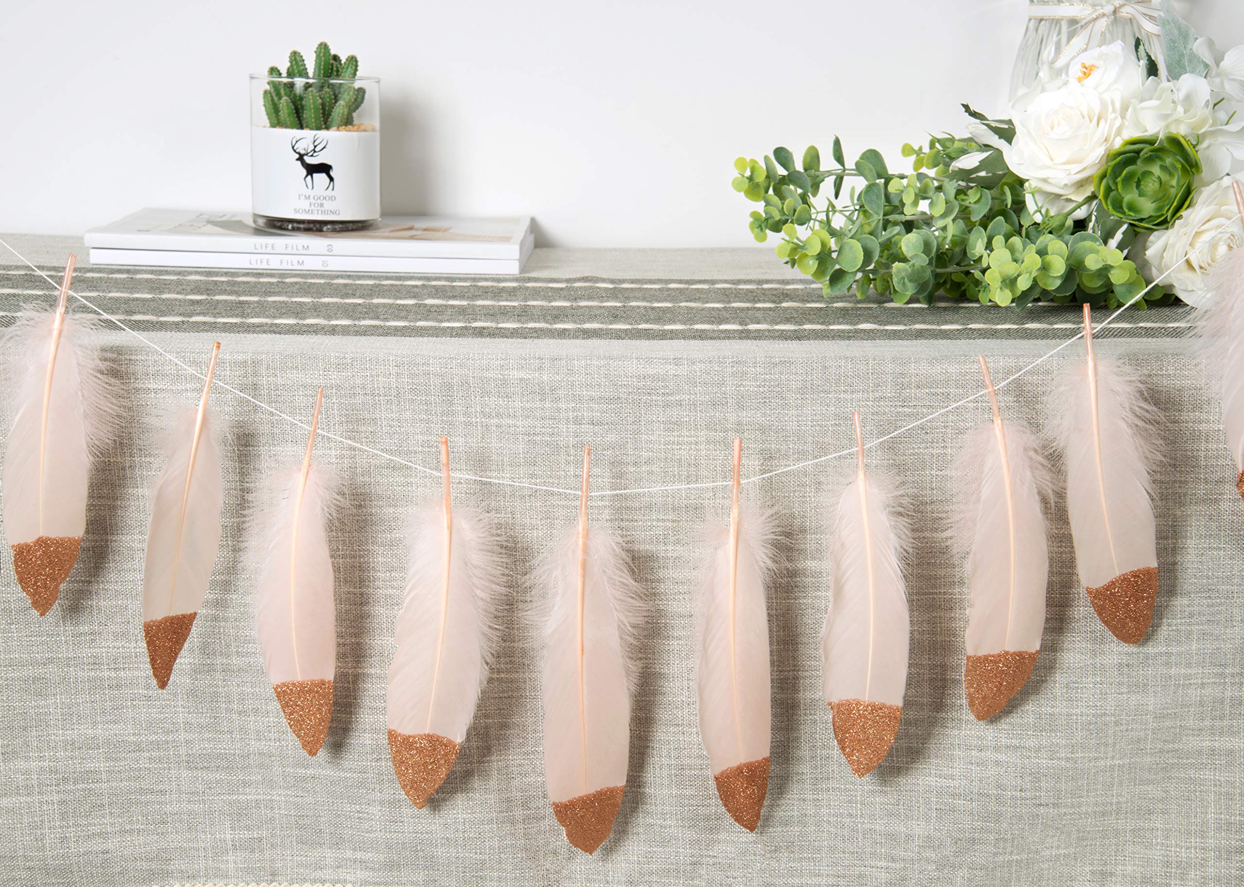 LOVENJOY 15pcs Gold Glitter Feather Garland Decor - DIY Room Teepee, Wedding, Nursery, Baby Shower Decoration | Perfect for Boho Home Decor, Birthday Parties & Photo Backdrops