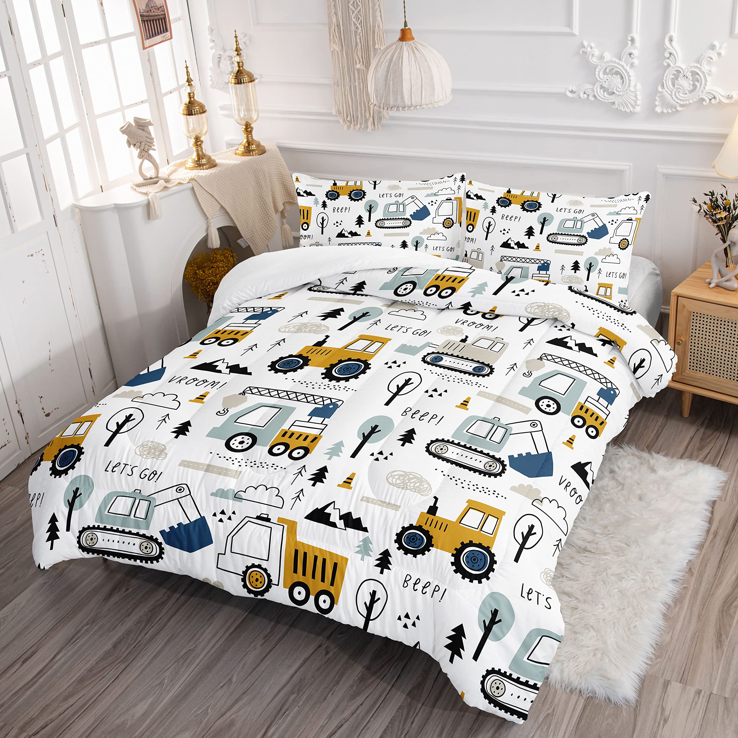 **Kids Construction Truck Bedding Set - Excavator & Bulldozer Themed Twin Comforter with 2 Pillowcases, Fun Cartoon Design for Boys & Girls - Perfect for Themed Bedrooms, Playrooms & Gift Giving**