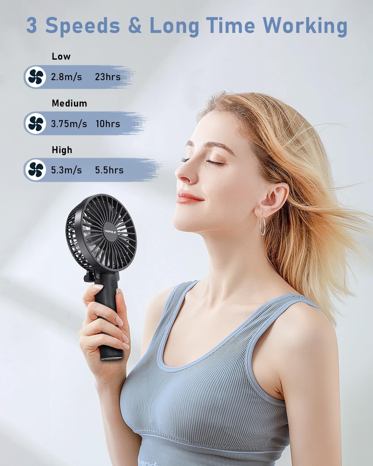 TriPole Rechargeable Handheld Desk Fan - 4800mAh Foldable USB Mini Fan with 3 Speed Settings, 6-21 Hours Runtime, 180° Adjustable - Perfect for Office, Camping, Sports, Travel & Home Use - Black