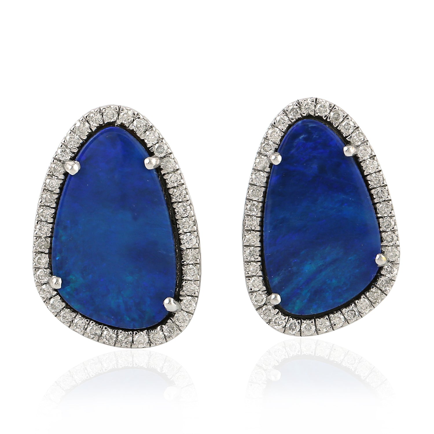 18K White Gold Opal Doublet Pave Diamond Stud Earrings - Elegant Prong Set Gemstone Jewelry for Women, Perfect for Weddings, Parties & Special Occasions