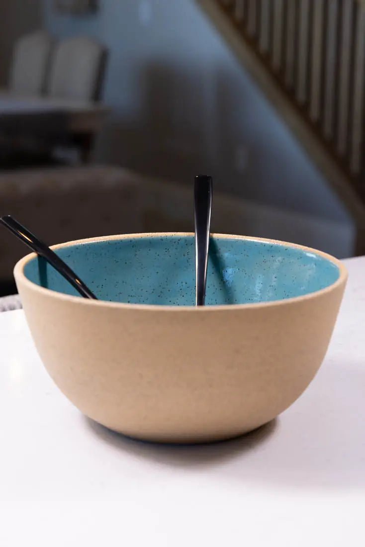 XL Speckled Buff Stoneware Serving Bowl with Turquoise Interior - Big Bowl Series for Entertaining, Dining & Kitchen Decor | Perfect for Salads, Pasta & Party Dishes