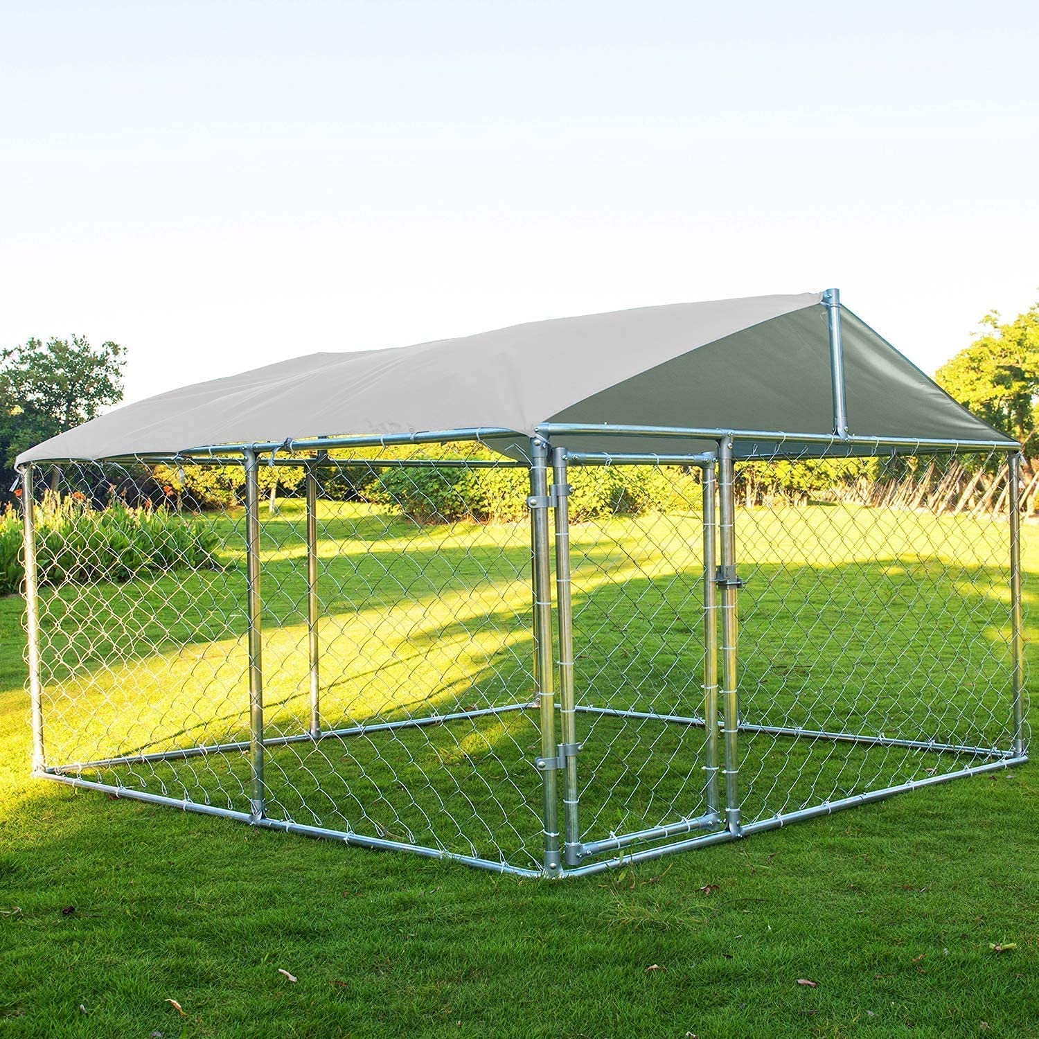 Heavy Duty Large Outdoor Dog Kennel - Extra Wide Metal Dog Cage with Waterproof Cover for Backyard, Farm & Patio - Durable Pet House for Big Dogs (Silver) - Perfect for Training, Travel & Outdoor Shelter