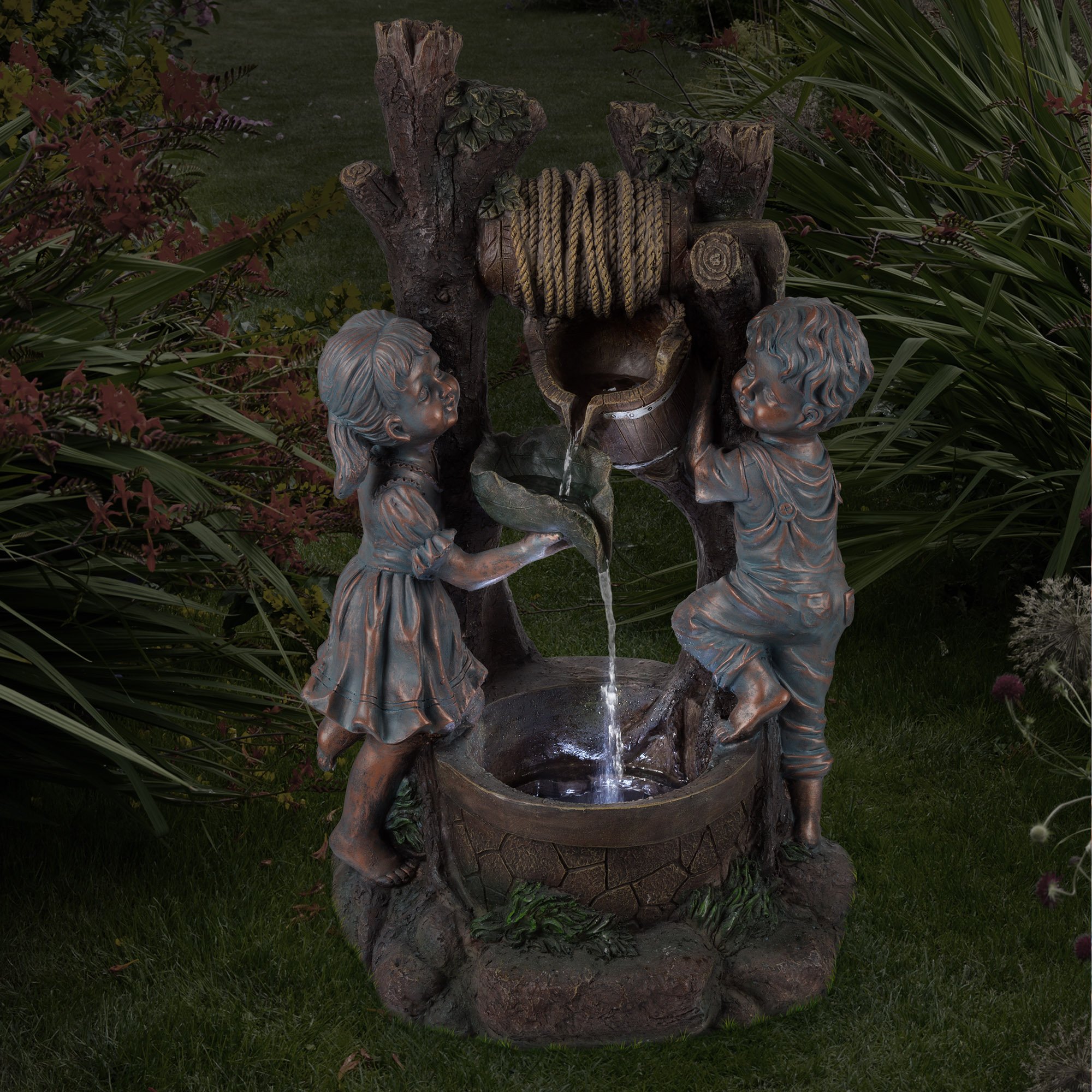 Pure Garden Antique Bronze Outdoor Water Fountain with LED Lights for Patio & Garden Relaxation