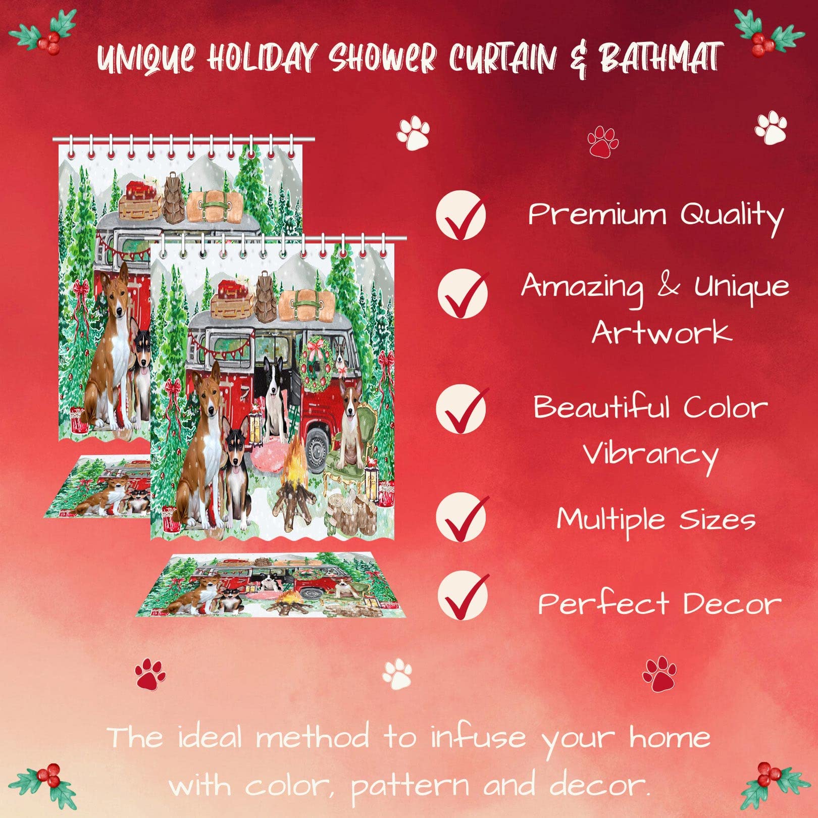 Christmas Themed Bouvier Dog Shower Curtain & Bath Mat Set - Soft Plush Polyester Bathroom Decor with Hooks (Mat 20x32in, Curtain 36x72in) - Perfect for Holiday Camping Trips & Festive Bathroom Decorations
