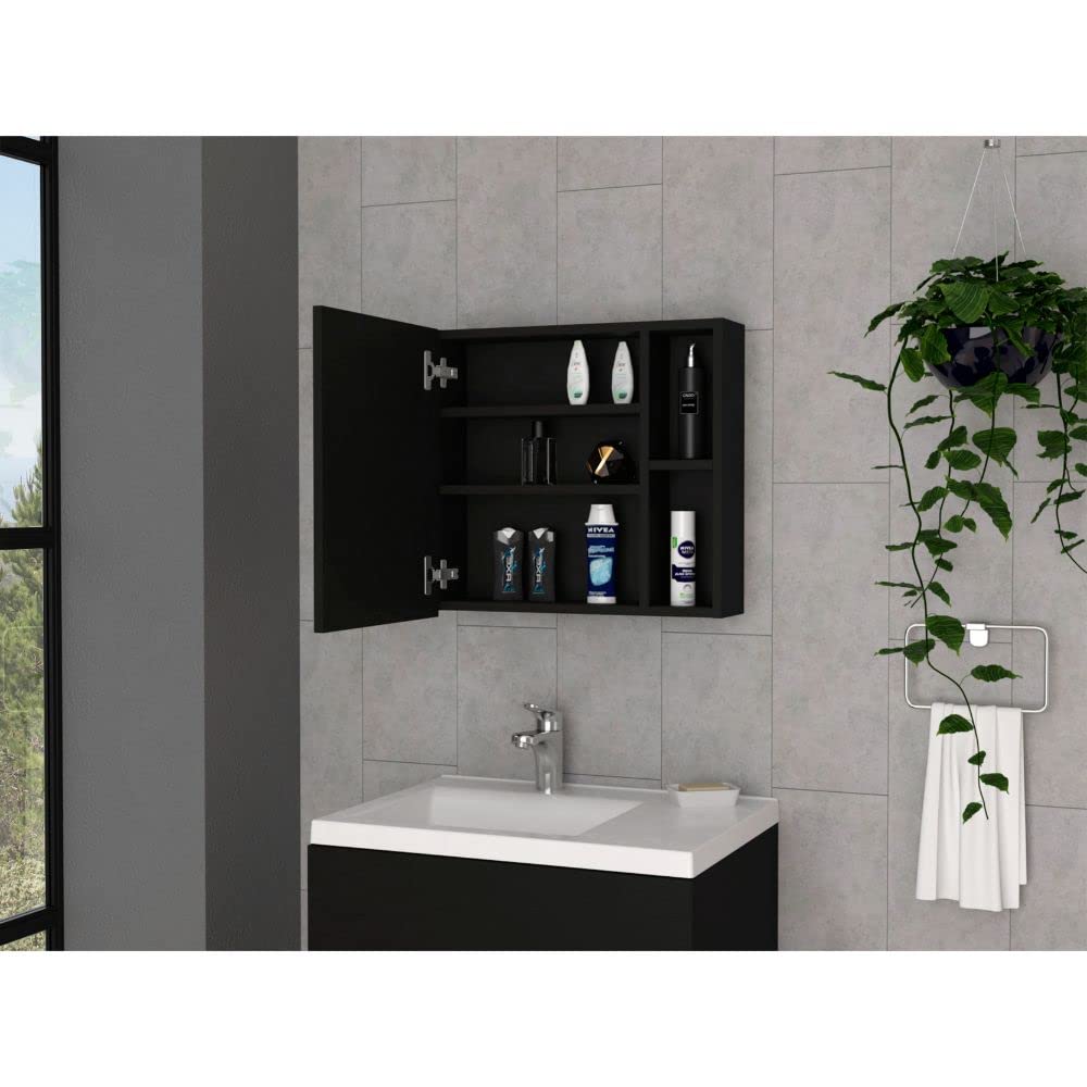 Queets Black Medicine Cabinet with Mirror - Single Door, 2 Open Shelves & 3 Inner Storage Shelves - Perfect for Bathroom, Bedroom, or Entryway Organization
