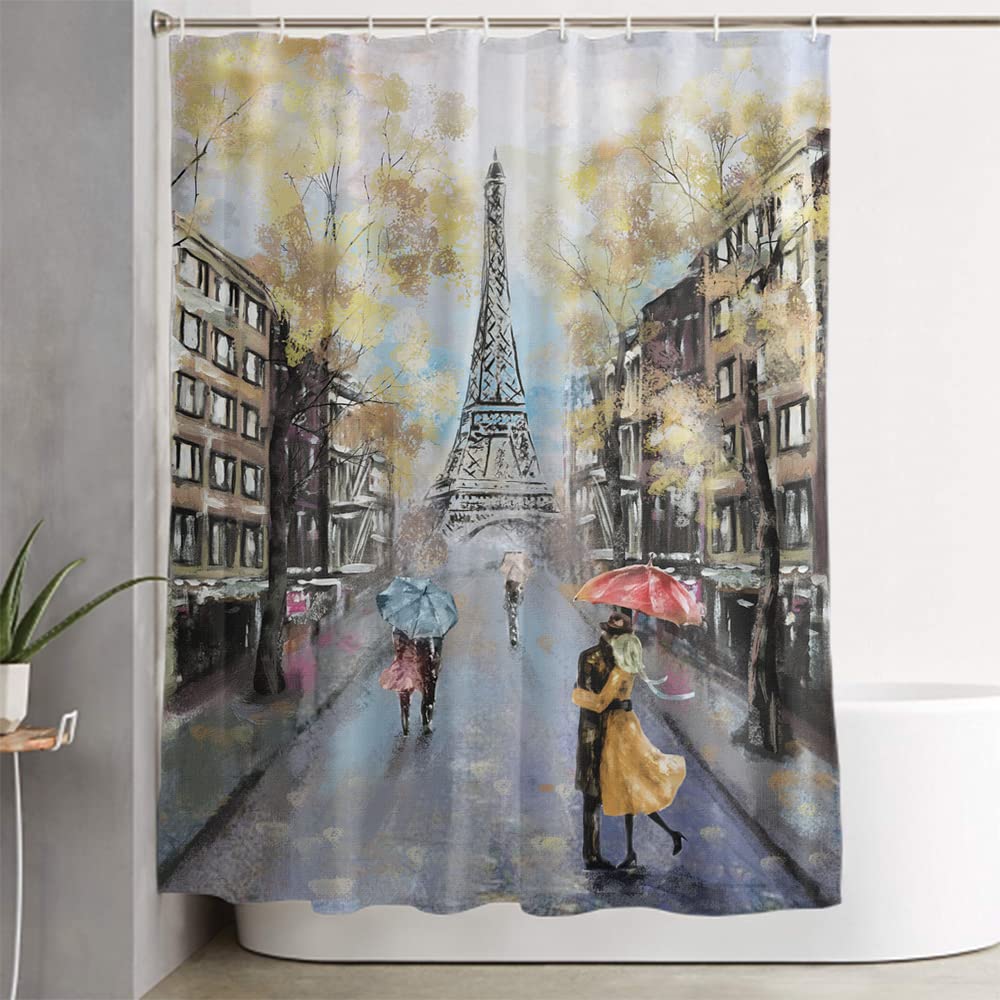 LOKMU 4-Piece Shower Curtain Set with Non-Slip Bath Mat, Toilet Lid Cover, and 12 Hooks - Paris Eiffel Tower Waterproof Bathroom Decor (72
