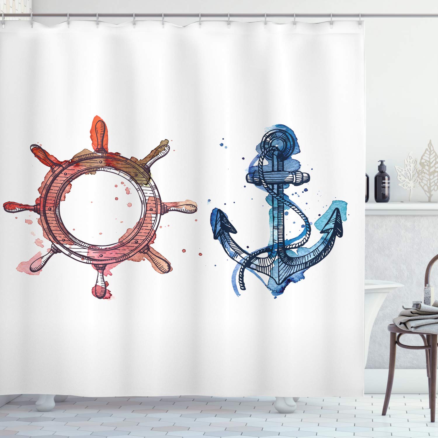 Ambesonne Nautical Shower Curtain - Watercolor Anchor & Steering Wheel Design with Ink Brush Effects, 69