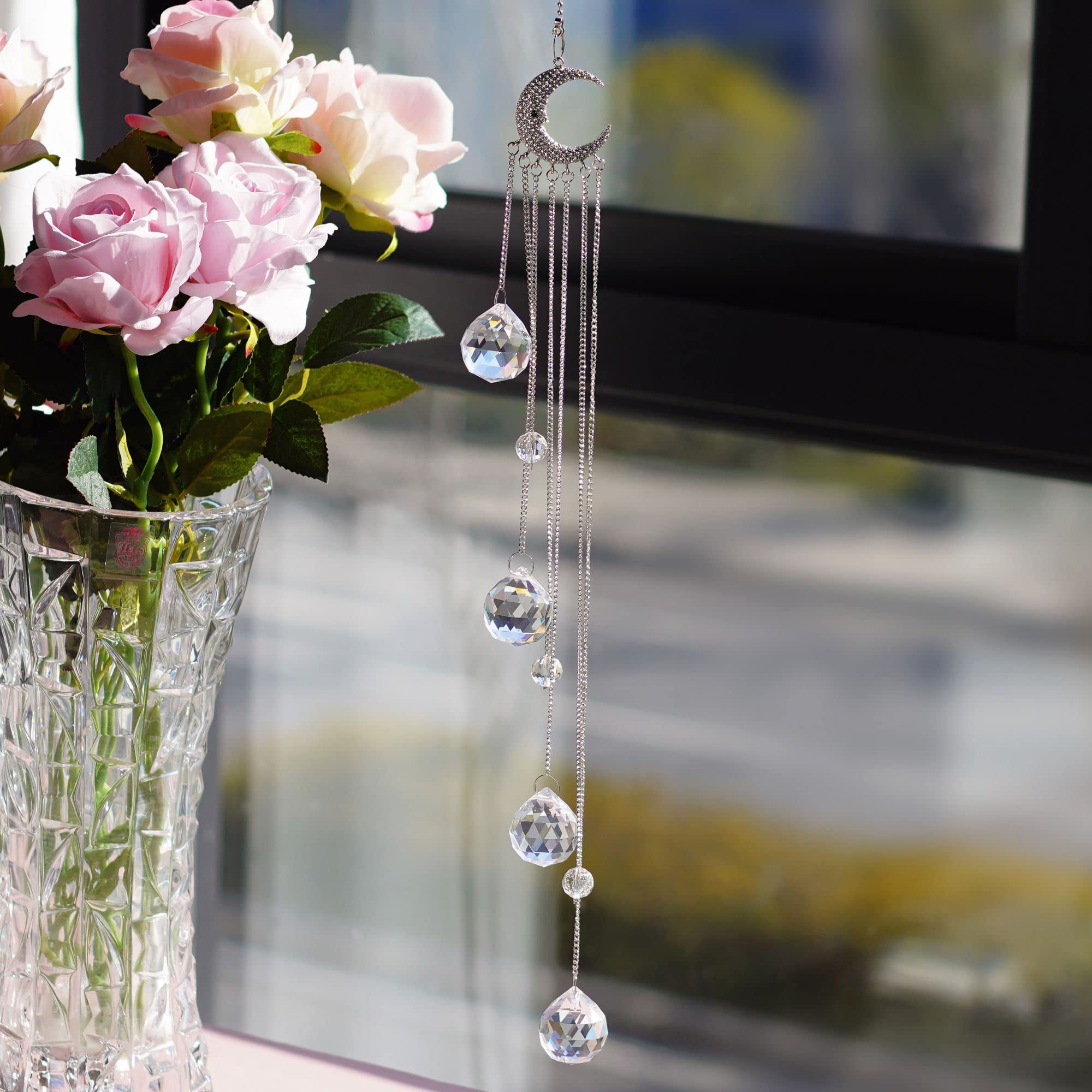 Clear Crystal Suncatcher Ornaments with Moon Decor - Rainbow Maker Crystal Beads Ball Prisms Pendant for Window, Garden & Home Decor - Creates Beautiful Rainbow Light Effects
