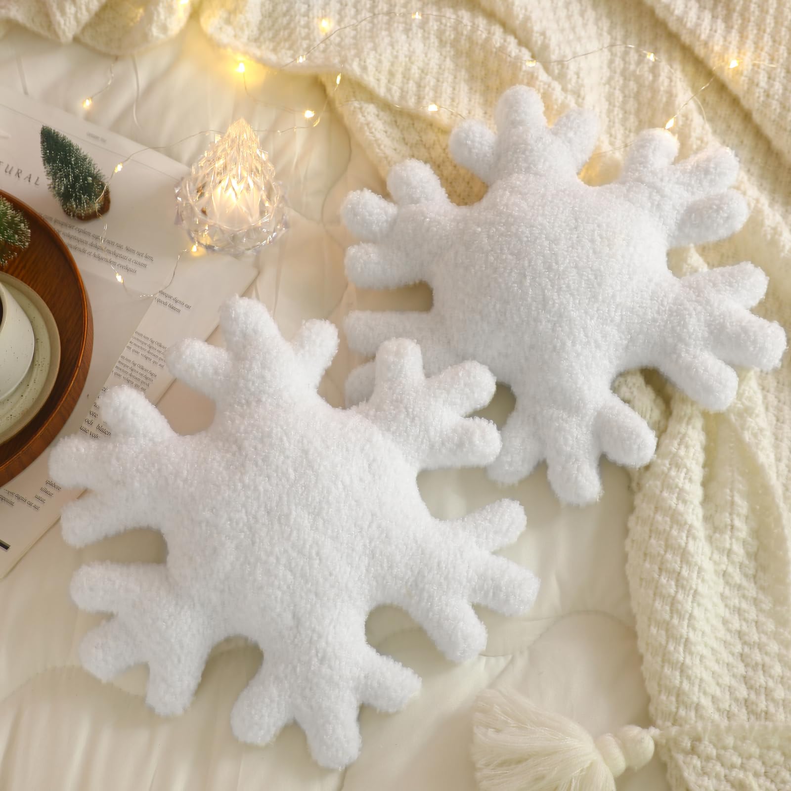 Huwena 2 Pack Winter Snowflake Throw Pillows - Soft Plush Decorative Couch Pillows for Sofa, Bed & Home Decor - 11.81 Inch White Snowflake Shaped Cushions (Perfect for Christmas Decor & Cozy Winter Living Room)