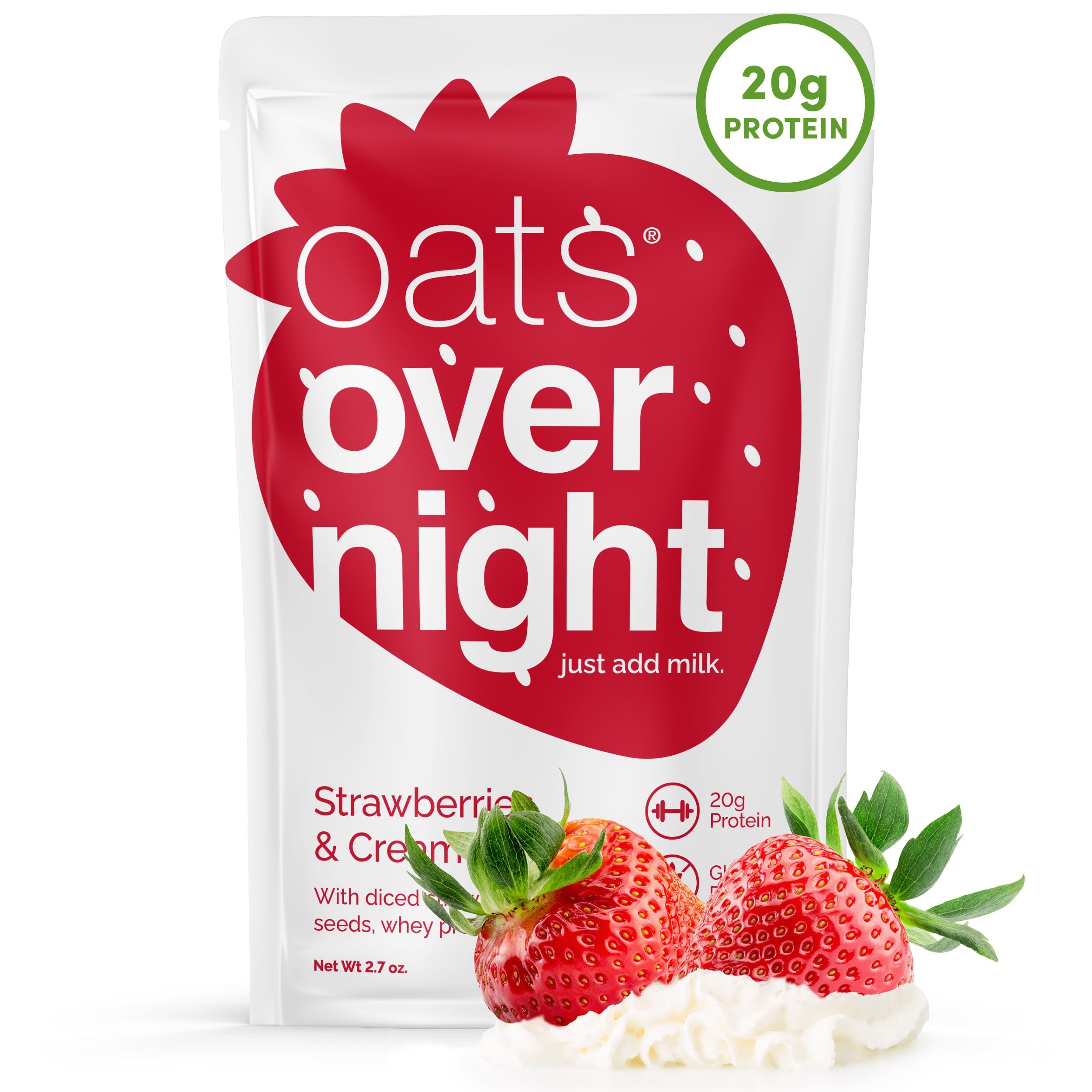 Oats Overnight Strawberries & Cream Protein Shake - 24 Pack with 20g Protein & High Fiber | Gluten Free, Non-GMO Oatmeal Breakfast (2.7oz per Meal) - Perfect for Busy Mornings, Post-Workout Recovery & On-the-Go Nutrition
