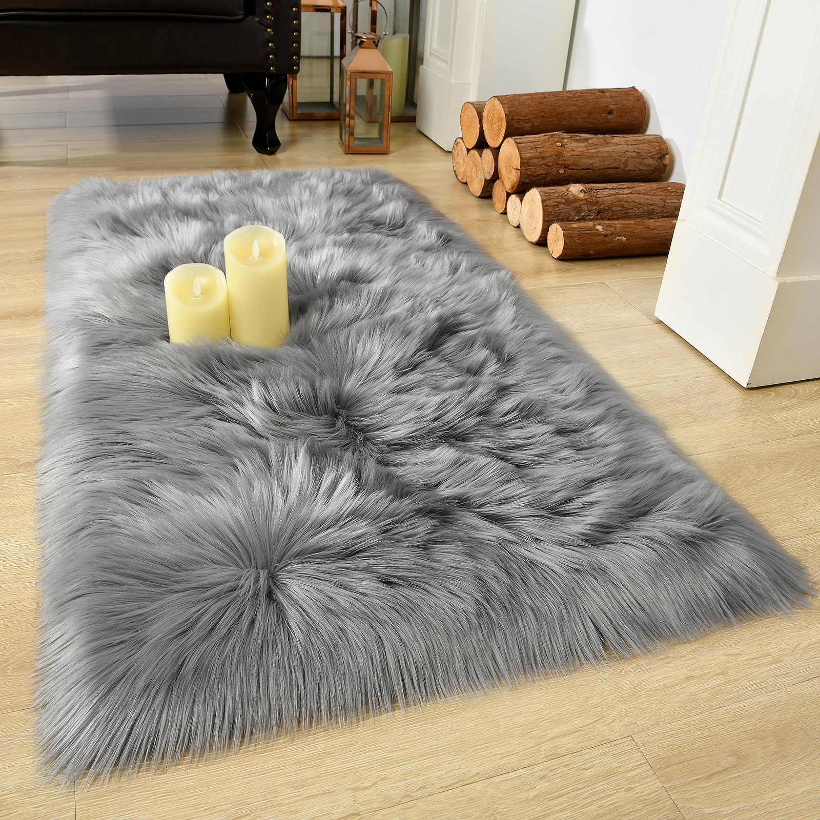 LOCHAS Soft Fluffy Faux Fur Rug 2x4 Feet - Washable Luxury Shag Carpet for Bedroom, Living Room & Girls Room - Grey Furry Sheepskin Area Rug - Perfect for Cozy Home Decor, Bedside Floor Mat & Nursery Accent