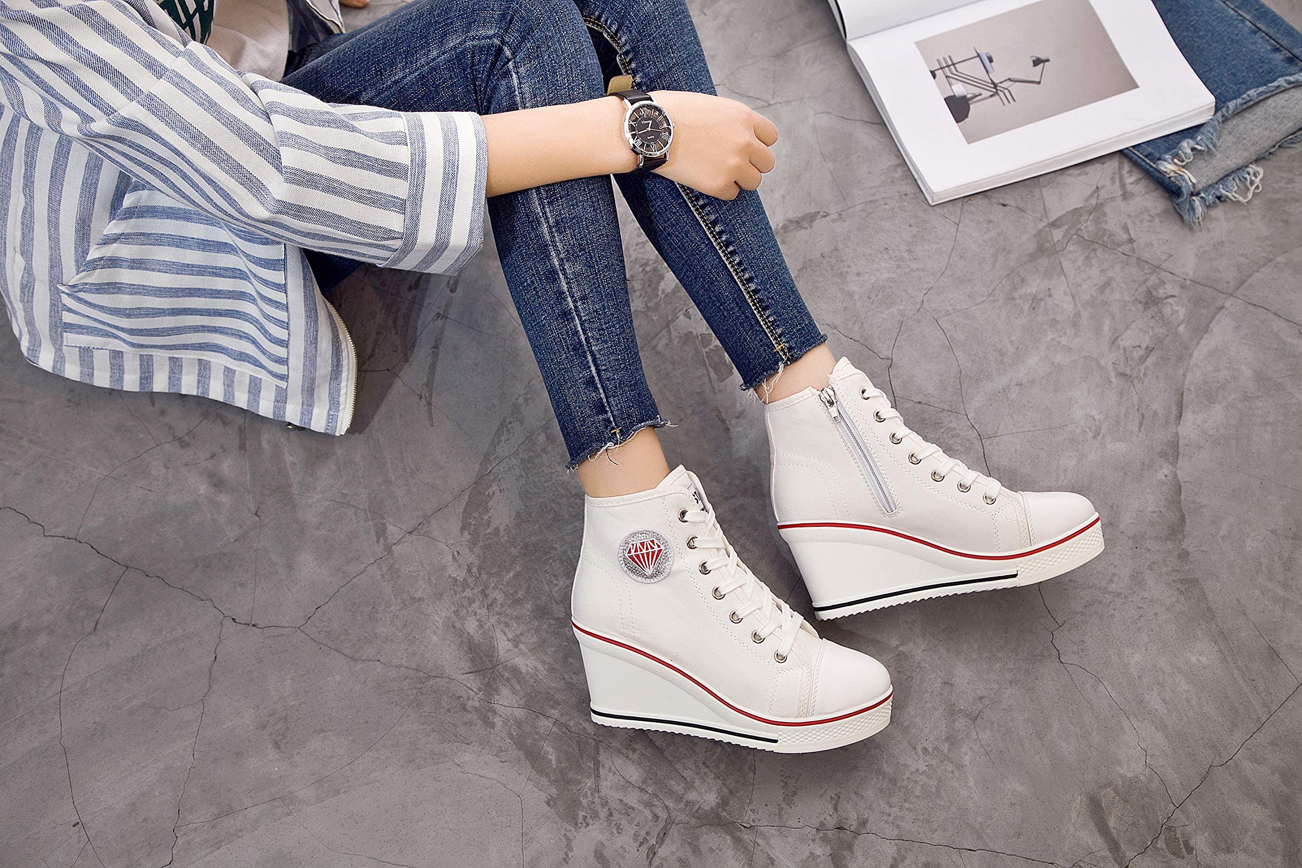 Women's Fashion High-Heel Canvas Sneakers - Comfortable Platform Wedge Pump Shoes for Walking & Casual Wear | Perfect for Office, Dating & Daily Outfits