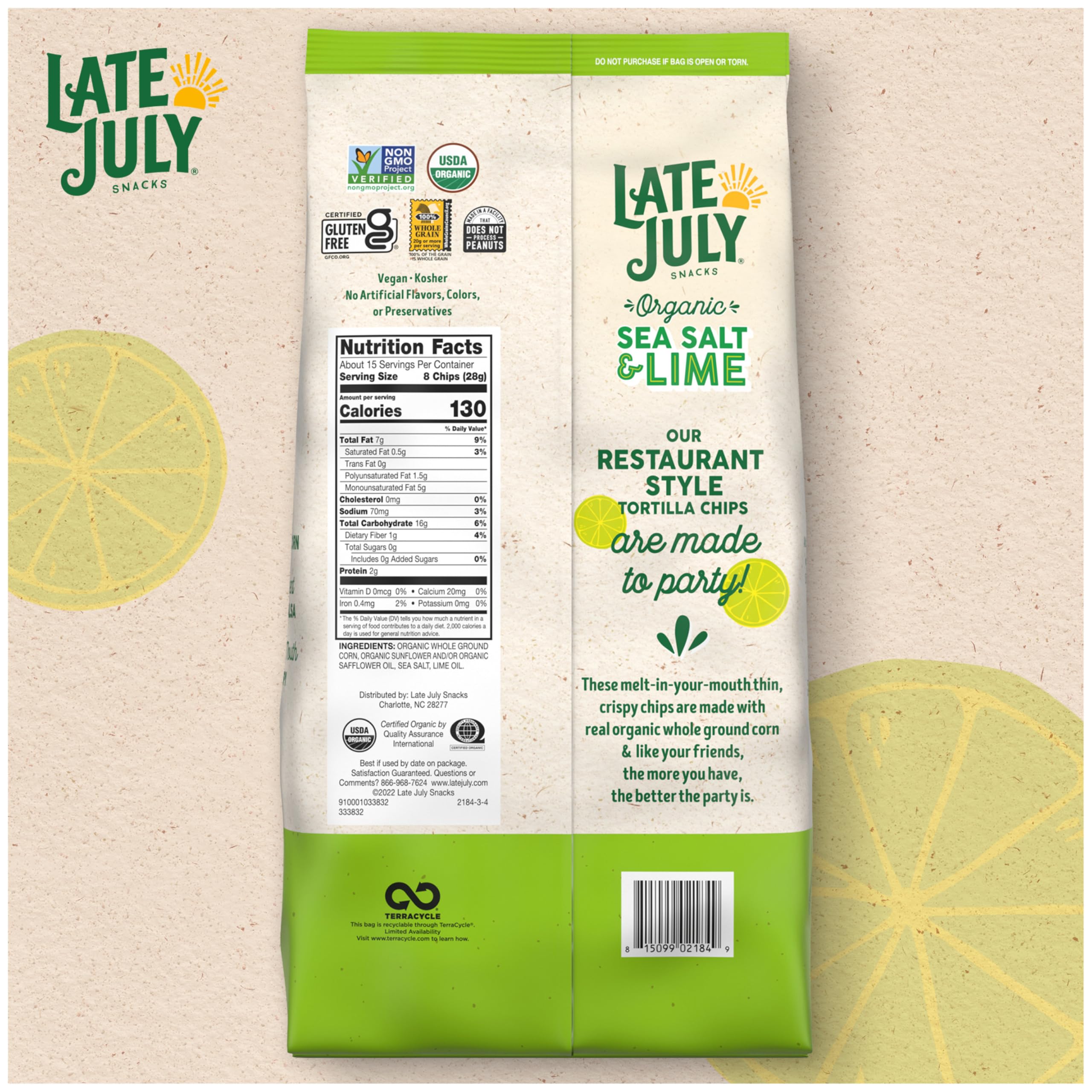 Organic Thin & Crispy Tortilla Chips - Sea Salt & Lime Flavor | Late July Snacks | 14.75 oz Party Size Bag | Perfect for Parties, Movie Nights & Healthy Snacking