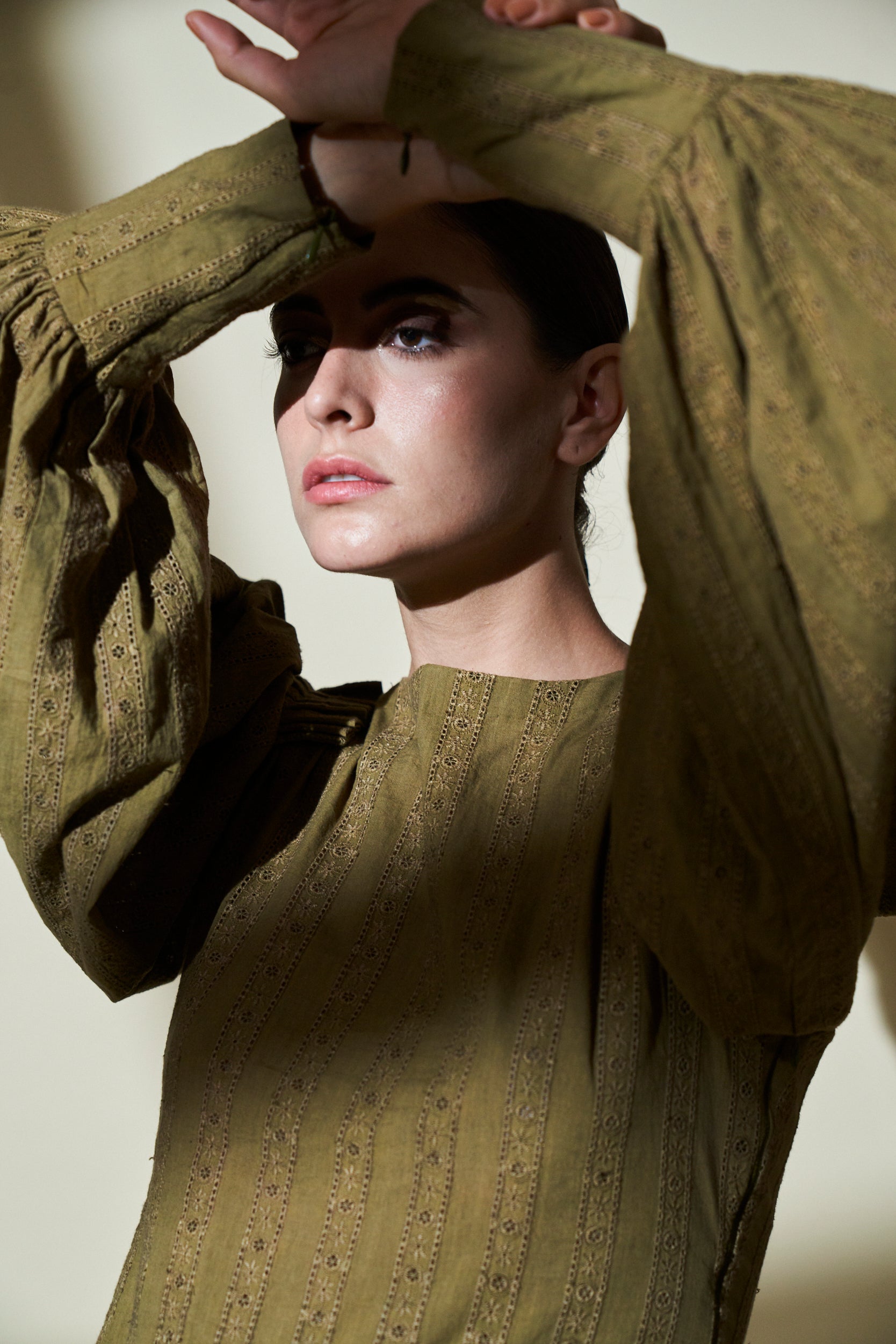Eco-Friendly Green Cotton Short Dress with Pleated Sleeves - Perfect for Summer Outings, Beach Vacations & Casual Wear