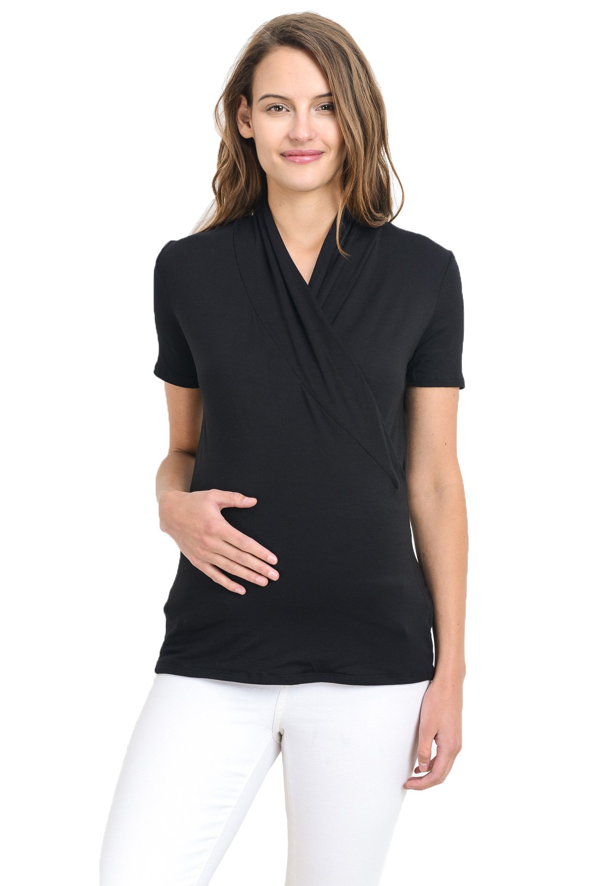 LaClef Women's Short Sleeve Surplice Maternity Nursing Top - Comfortable Pregnancy & Breastfeeding Shirt for New Moms - Perfect for Daily Wear, Hospital Visits and Nursing at Home