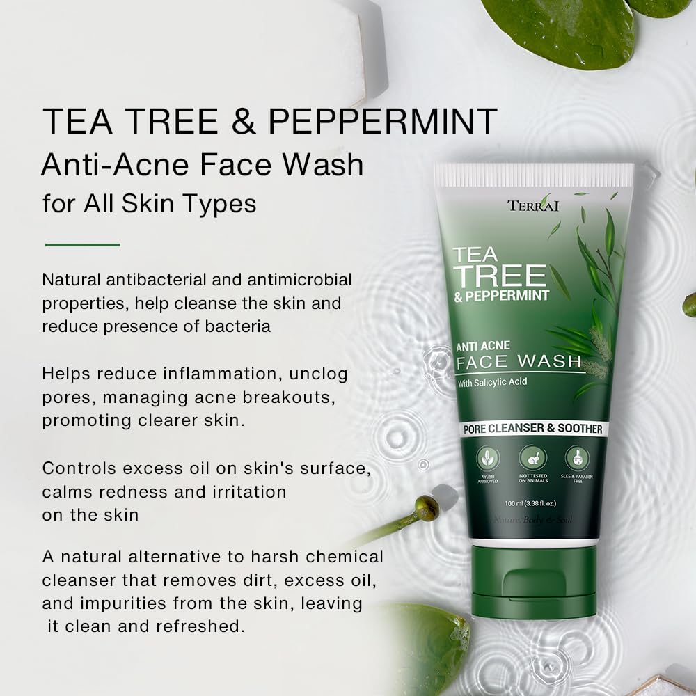 Terrai Tea Tree & Salicylic Acid Acne Face Wash - Oil Control, Blemish Treatment for Acne Prone Skin - Reduces Pimple Marks, Blackheads & Whiteheads - Gentle Cleanser for Men & Women (100ml) - Perfect for Daily Skincare Routine & Post-Workout Cleansing