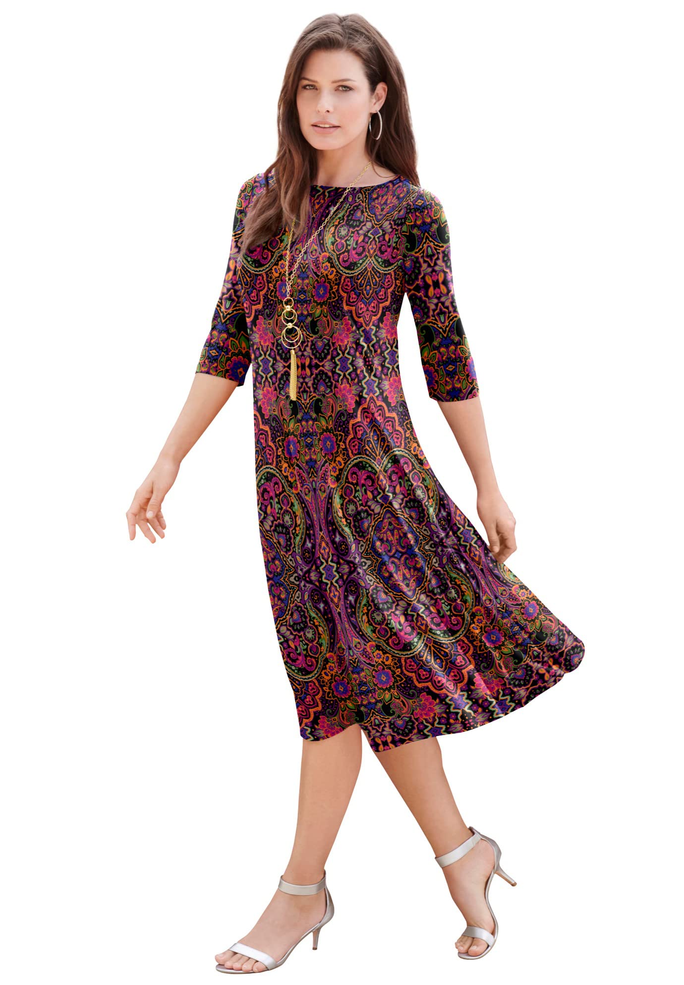 Roaman's Women's Plus Size Ultrasmooth Boatneck Swing Dress - Stretch Jersey 3/4 Sleeve Flowy Dress for Casual Wear, Office & Special Occasions
