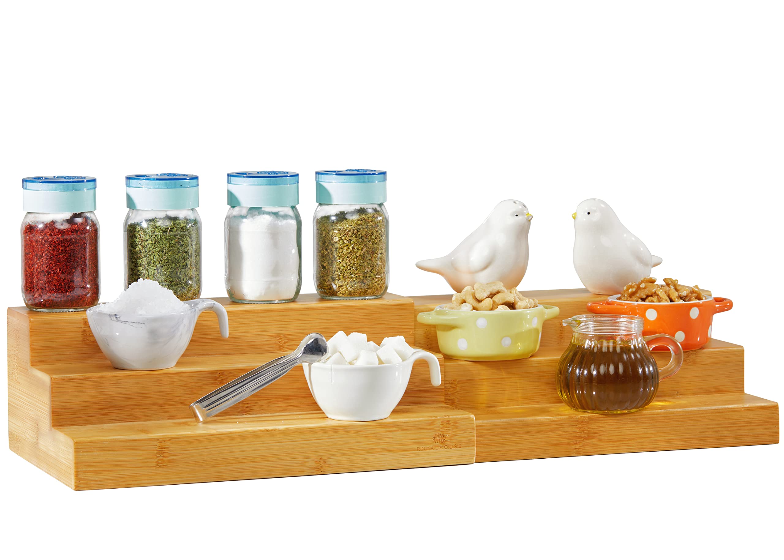RoyalHouse Bamboo Expandable Spice Rack Organizer - 3-Tier Adjustable Kitchen Cabinet & Countertop Display Shelf - Space Saving Storage for Spices, Condiments, Cosmetics - Perfect for Kitchen, Pantry, Bathroom Organization (Sturdy & Eco-Friendly)