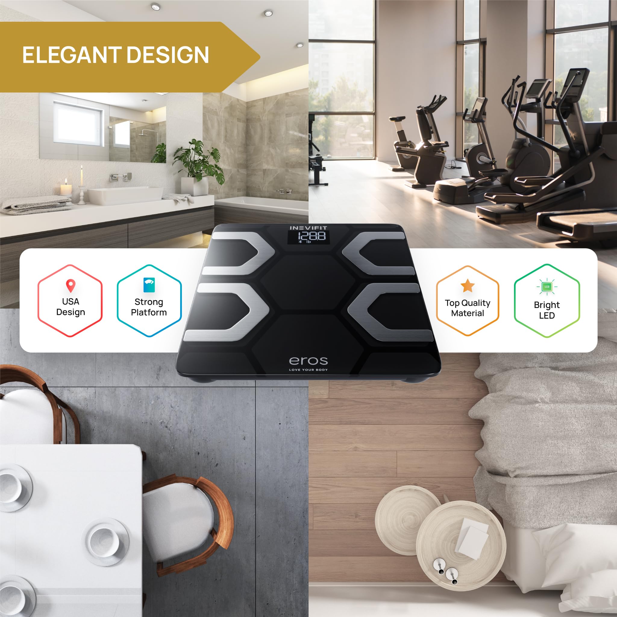 INEVIFIT EROS Smart Bluetooth Body Fat Scale - Digital Bathroom Weight Scale with BMI, Body Composition Analyzer & Wireless App - Highly Accurate to 400 lbs, 11.8x11.8 Inches (Black) - Perfect for Home Gym, Health Tracking & Fitness Goals