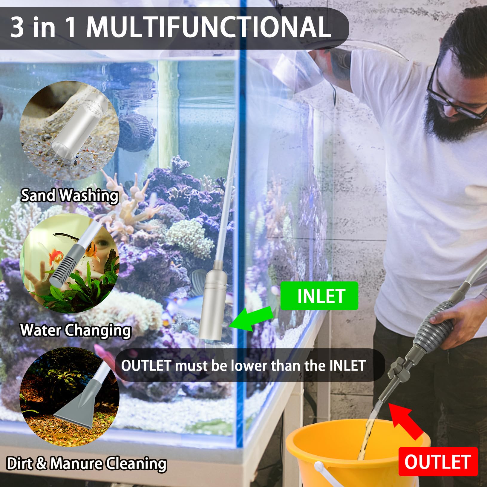 Ponpon Aquarium Gravel Cleaner - Manual Siphon Vacuum for Fish Tank Sand & Gravel Cleaning with Water Changer Function | Perfect for Freshwater & Saltwater Tank Maintenance
