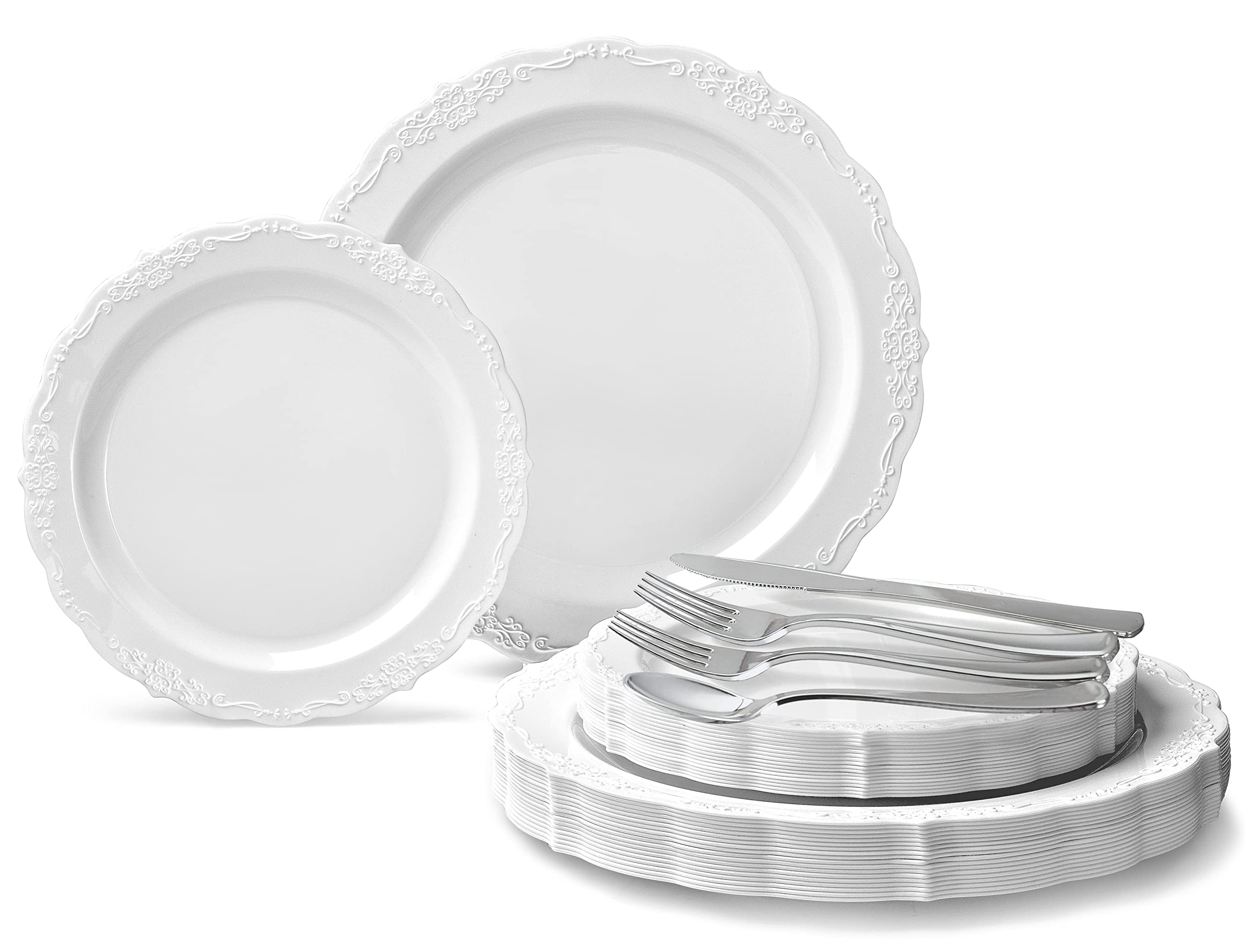 150-Piece Vintage Wedding Plastic Plates & Cutlery Set (25 Guests) - Disposable Dinnerware 10'' & 7.5'' Plates + Silverware with Double Fork - Verona White - Perfect for Weddings, Parties, and Special Events