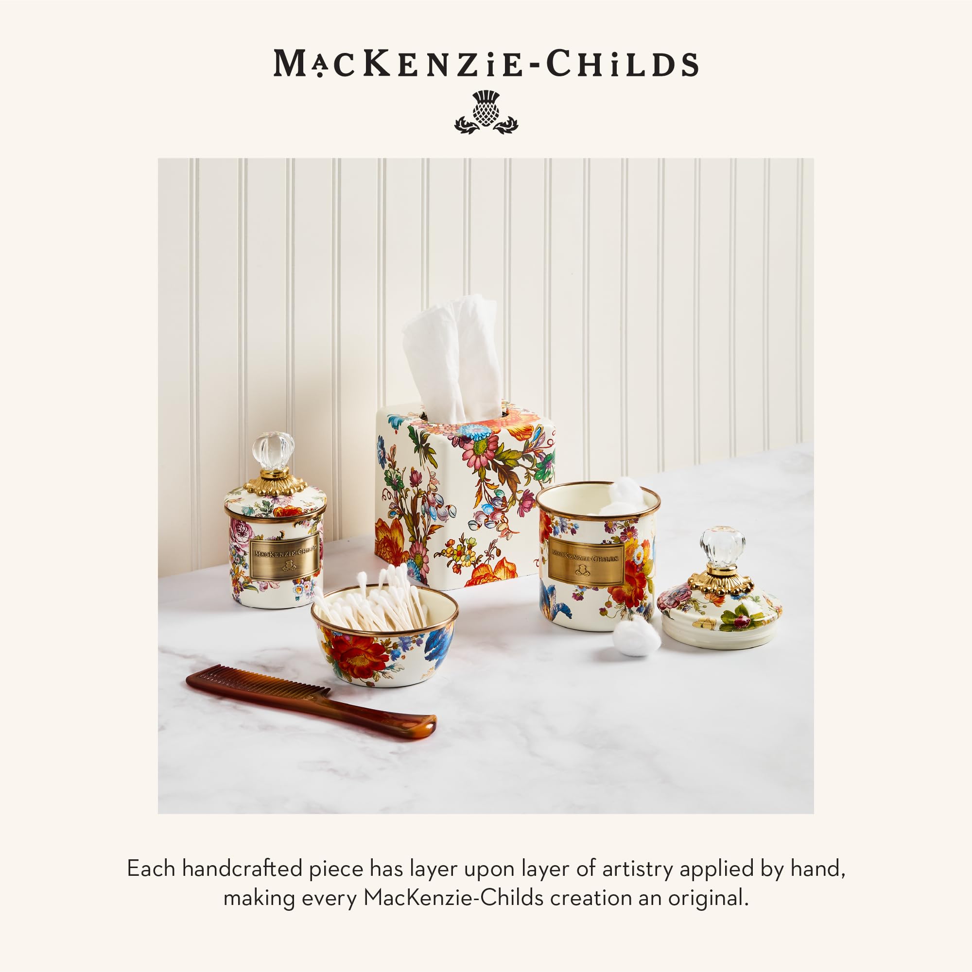MACKENZIE-CHILDS White Floral Waste Bin - Elegant Bedroom & Bathroom Trash Can with Decorative Flower Design - Perfect for Home, Office, or Hotel Decor