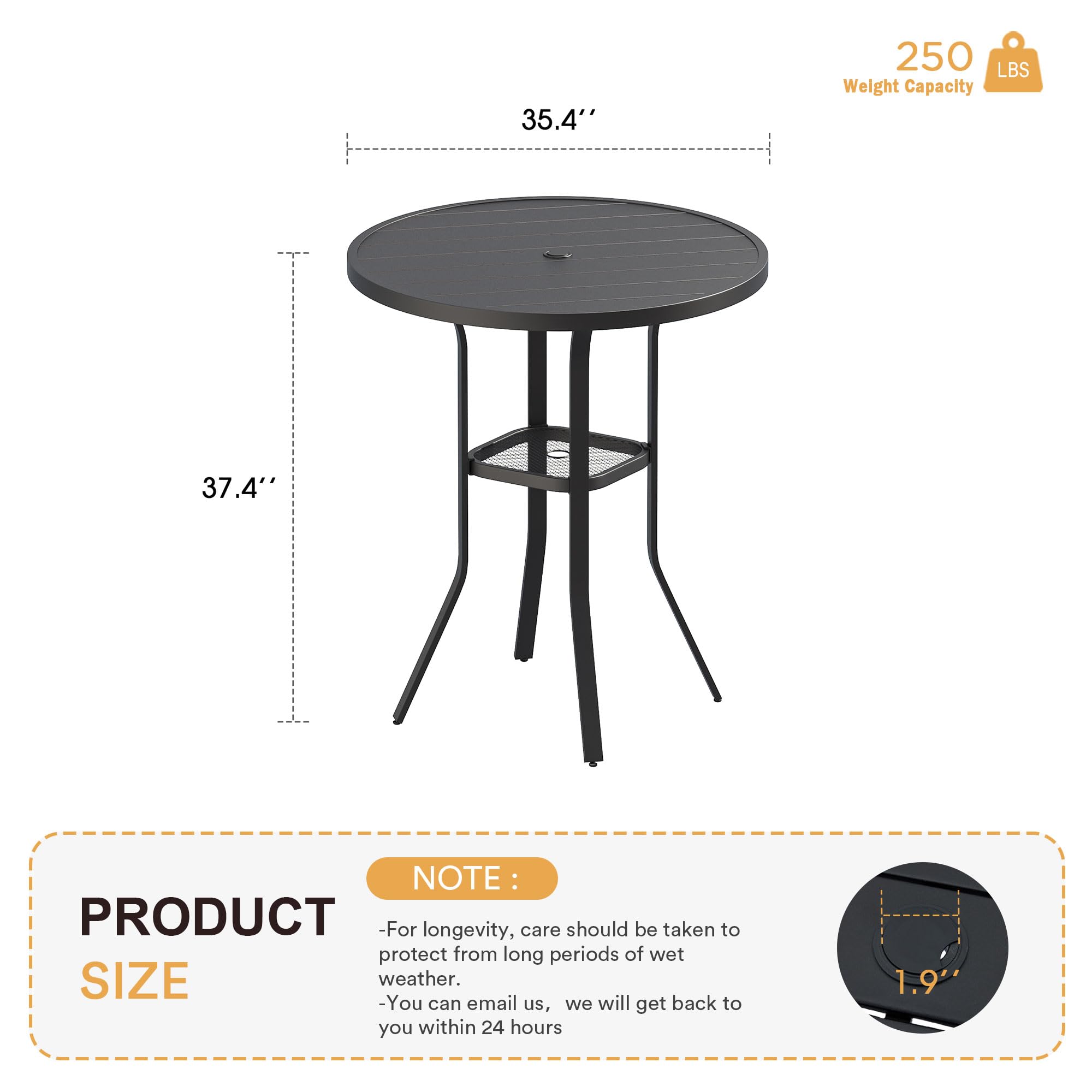 VICLLAX 35.5 Inch Round Outdoor Bar Table - Adjustable Height Patio Table with Umbrella Hole for Balcony, Deck, Garden - Weather-Resistant Black Metal Bistro Table for Outdoor Dining & Entertaining