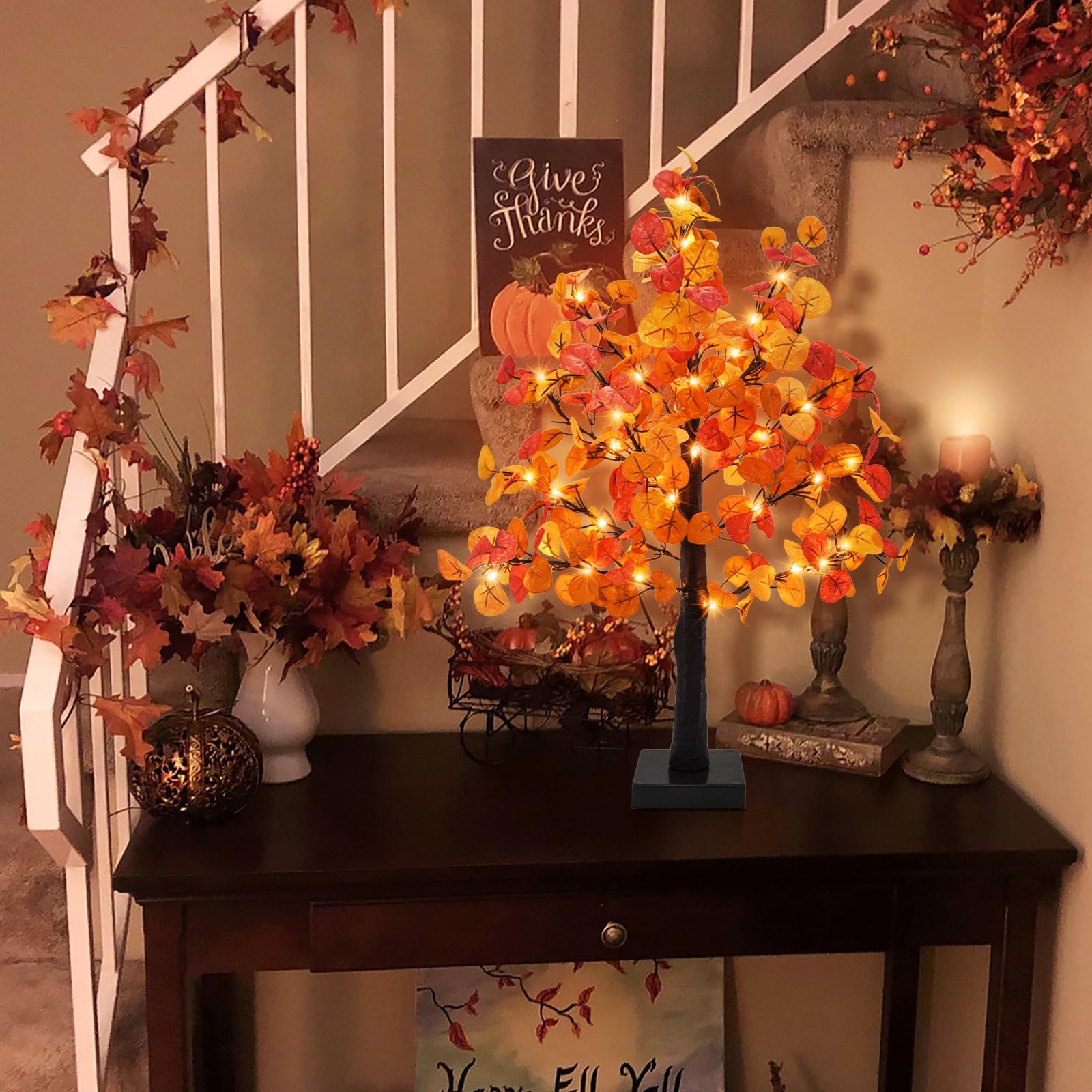 24 Inch Artificial Eucalyptus Tree with 55 LED Lights - Battery Operated Fall Decor with Timer for Home, Wedding, Thanksgiving | Indoor Tabletop Centerpiece for Autumn Harvest Decorations