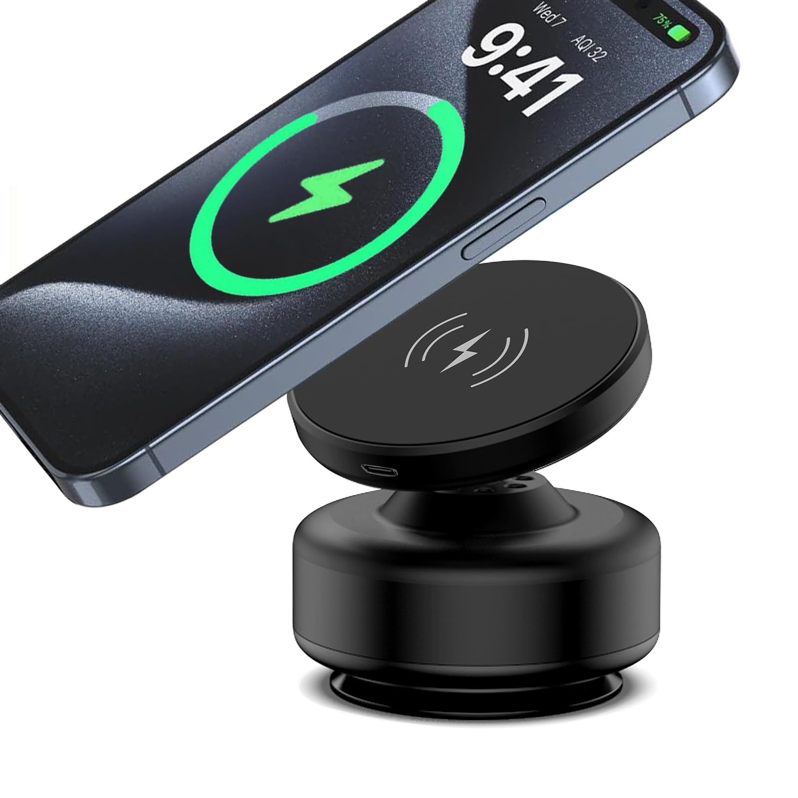 15W MagSafe Wireless Car Charger Mount - 360° Adjustable N52 Magnetic Phone Holder for iPhone | Strong Vacuum Suction for Windshield, Dashboard & Smooth Surfaces | Perfect for Commuting, Road Trips & Hands-Free Charging