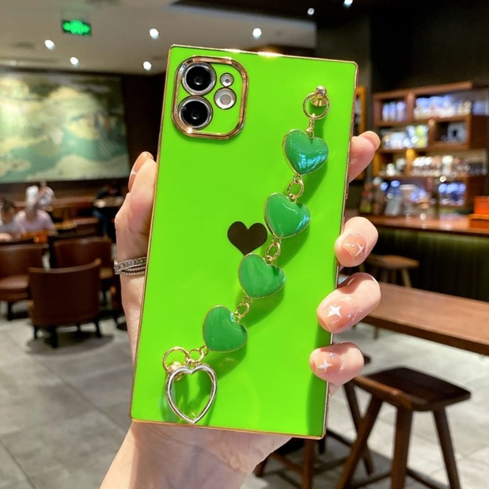 Electroplated Square Love Heart Phone Case for iPhone 11/12 Pro Max/XS/X/XR/7/8 Plus/Mini/SE 2020 - Durable Bumper Back Cover with Bracelet in Fluorescent Green - Perfect for Everyday Use, Gifts & Fashion Accessories