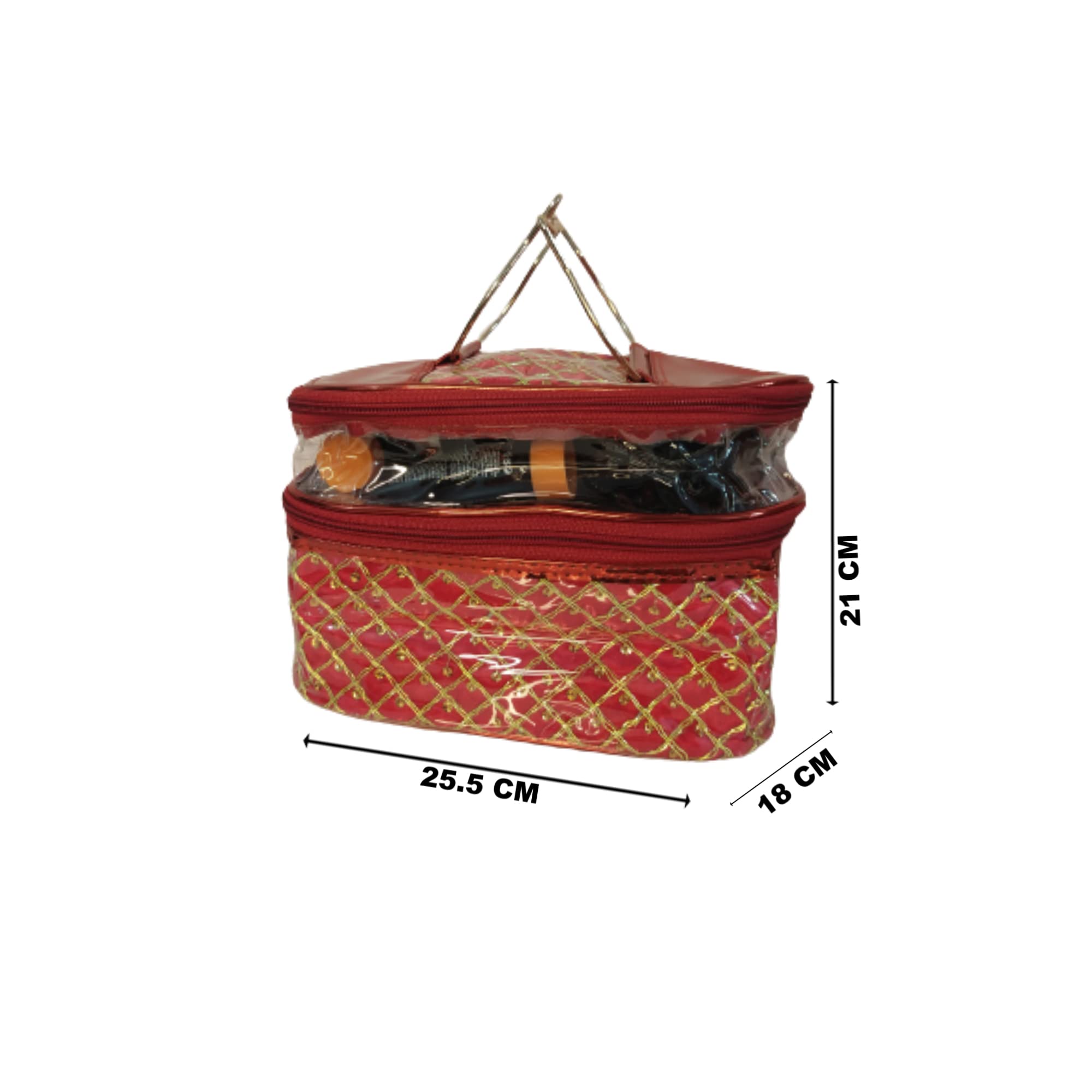 YELLOW SHINE MART Double Layer Makeup Bag - Travel Cosmetic Organizer & Toiletry Case in Red & Gold | Perfect for Vacation, Gym & Daily Essentials Storage