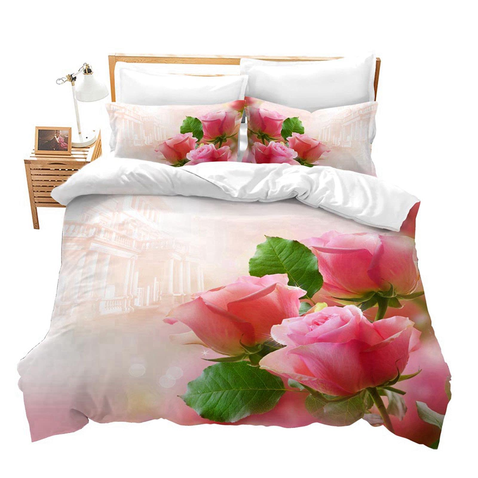 WLCM 3D Red Floral Rose Duvet Cover Set - Soft Microfiber Queen Size Bedding with Zipper Closure, Romantic Flower Theme Quilt Cover for Bedroom Decor | Perfect for Master Bedrooms, Guest Rooms & Romantic Getaways