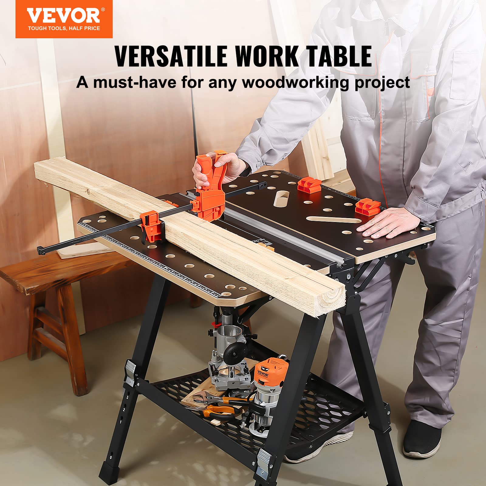 VEVOR Folding Work Table - Heavy Duty 1000 lbs Capacity Adjustable Workbench & Sawhorse, 7 Height Settings with Steel Legs, Portable Foldable Tool Stand Includes Wood Clamp, 4 Bench Dogs & 2 Hooks - Perfect for Woodworking, DIY Projects, Garage Storage and Job Site Use