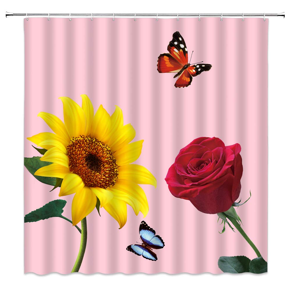 Vintage Sunflower Rose Shower Curtain - Rustic Wildflower Design with Yellow Sunflowers, Red Roses & Butterflies - Farmhouse Bathroom Decor for Country & Romantic Home Style (Includes Hooks) - Perfect for Spring Floral Theme, Nature-Inspired Bathrooms & Cozy Farmhouse Aesthetics