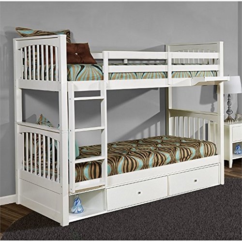 White Twin Over Twin Storage Slat Bunk Bed - Space-Saving Kids Bedroom Furniture for Small Rooms & Sleepovers