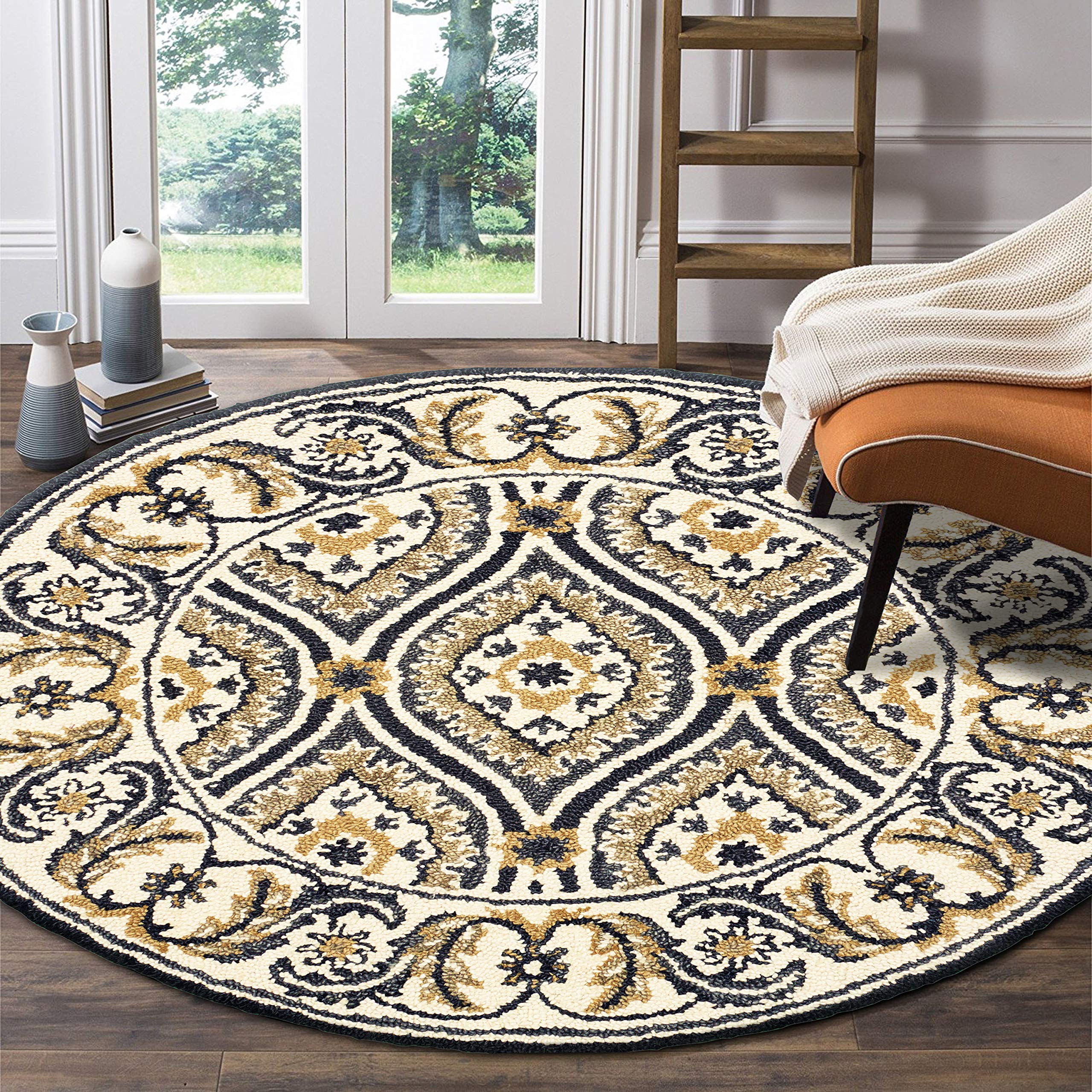 LR Home 6ft Round Indoor Wool Area Rug - Hand Woven Modern Farmhouse Boho Rug for Living Room, Bedroom, Playroom, Office & Entryway - Soft Gray & Yellow Home Decor Rug for Cozy Spaces & Stylish Interiors
