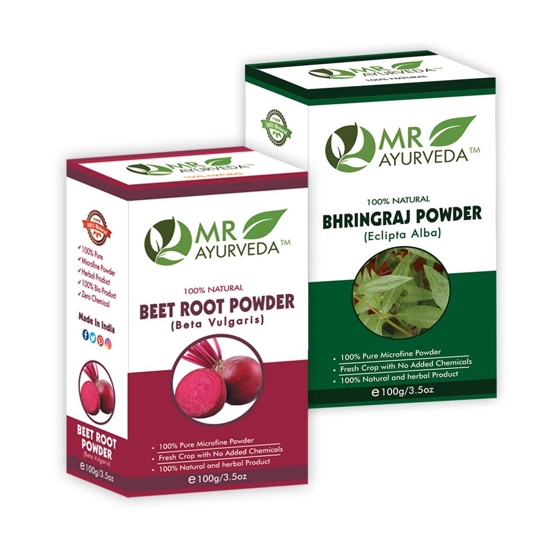 MR Ayurveda 100% Natural Herbal Beetroot Powder & Bhringraj Powder Combo Pack - 200g | Hair Growth & Energy Boost | Perfect for Smoothies, Hair Masks & Daily Wellness