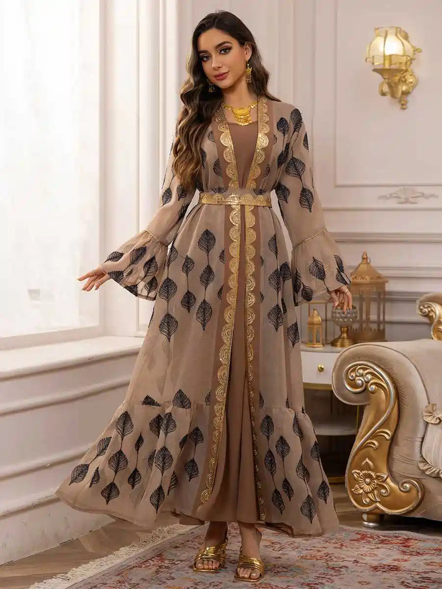 Elegant 2-Piece Eid Dress Set - Embroidered Caftan Kaftan with Sleeveless Inner Dress #25469 | Perfect for Eid Celebrations, Weddings & Special Occasions