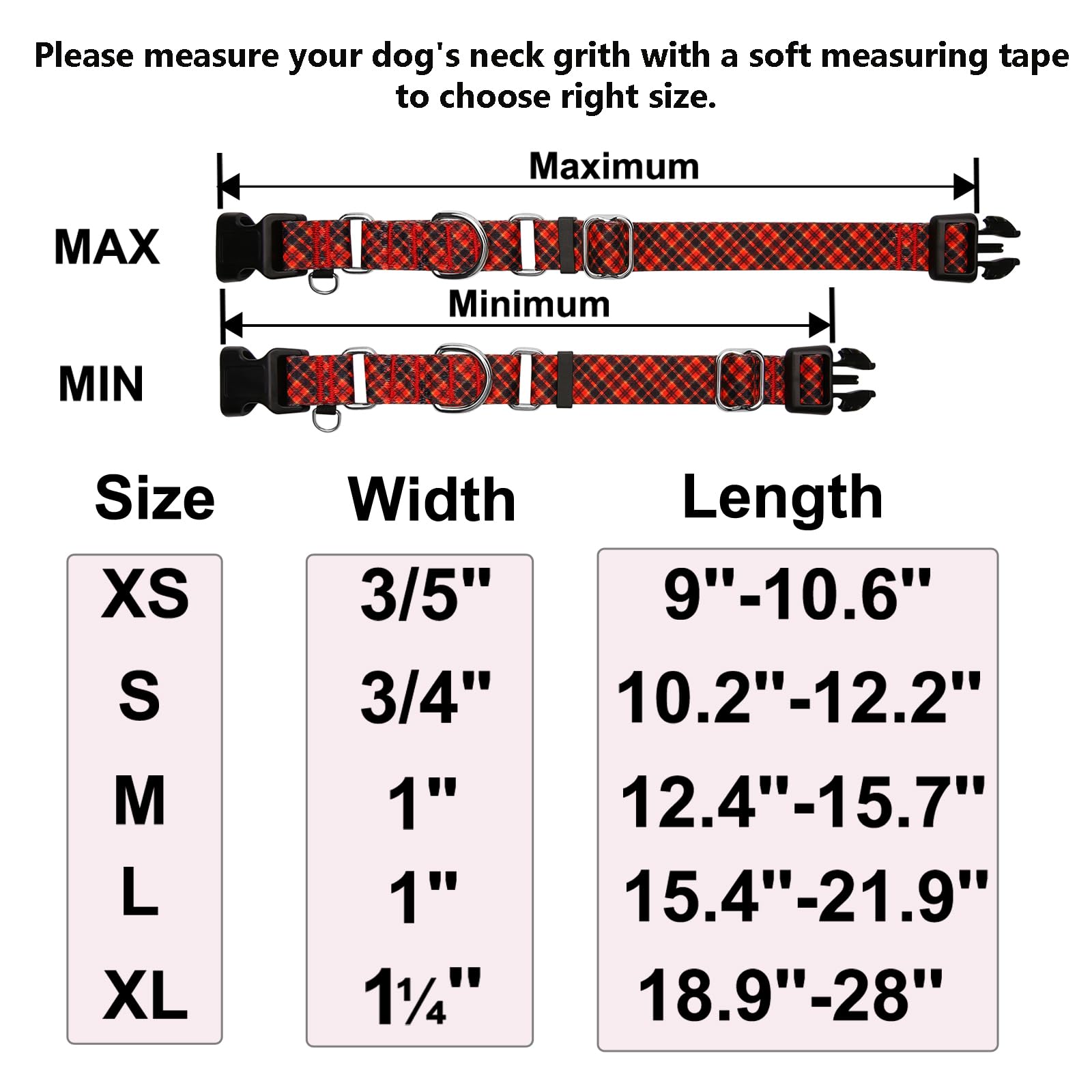 Christmas Plaid Dog Collar - Adjustable Soft Nylon Martingale Collar for Small Dogs (Red, for Walks & Training)