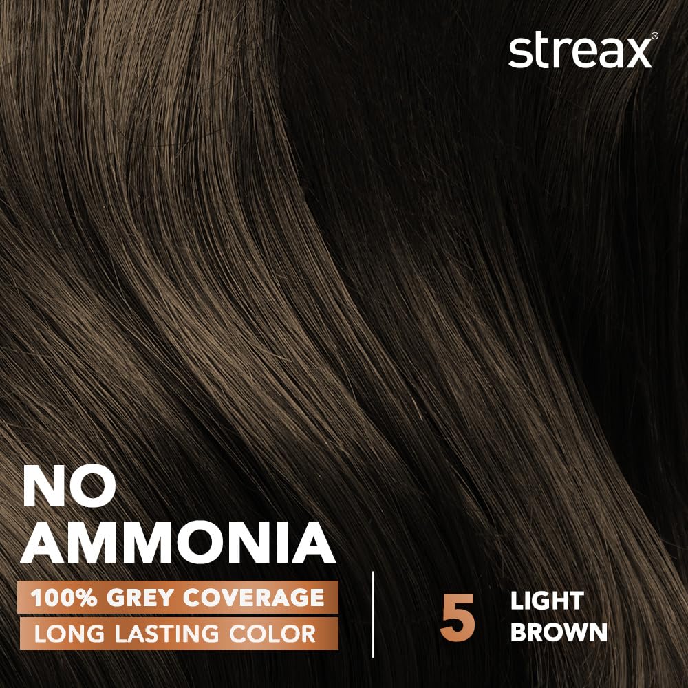 Streax Permanent Hair Color Cream - 100% Gray Coverage with Argan & Walnut Oil - Long Lasting Brown Hair Dye for Women - 5 Light Brown (120ml) - Pack of 1 - Perfect for Home Hair Coloring & Salon-Quality Results