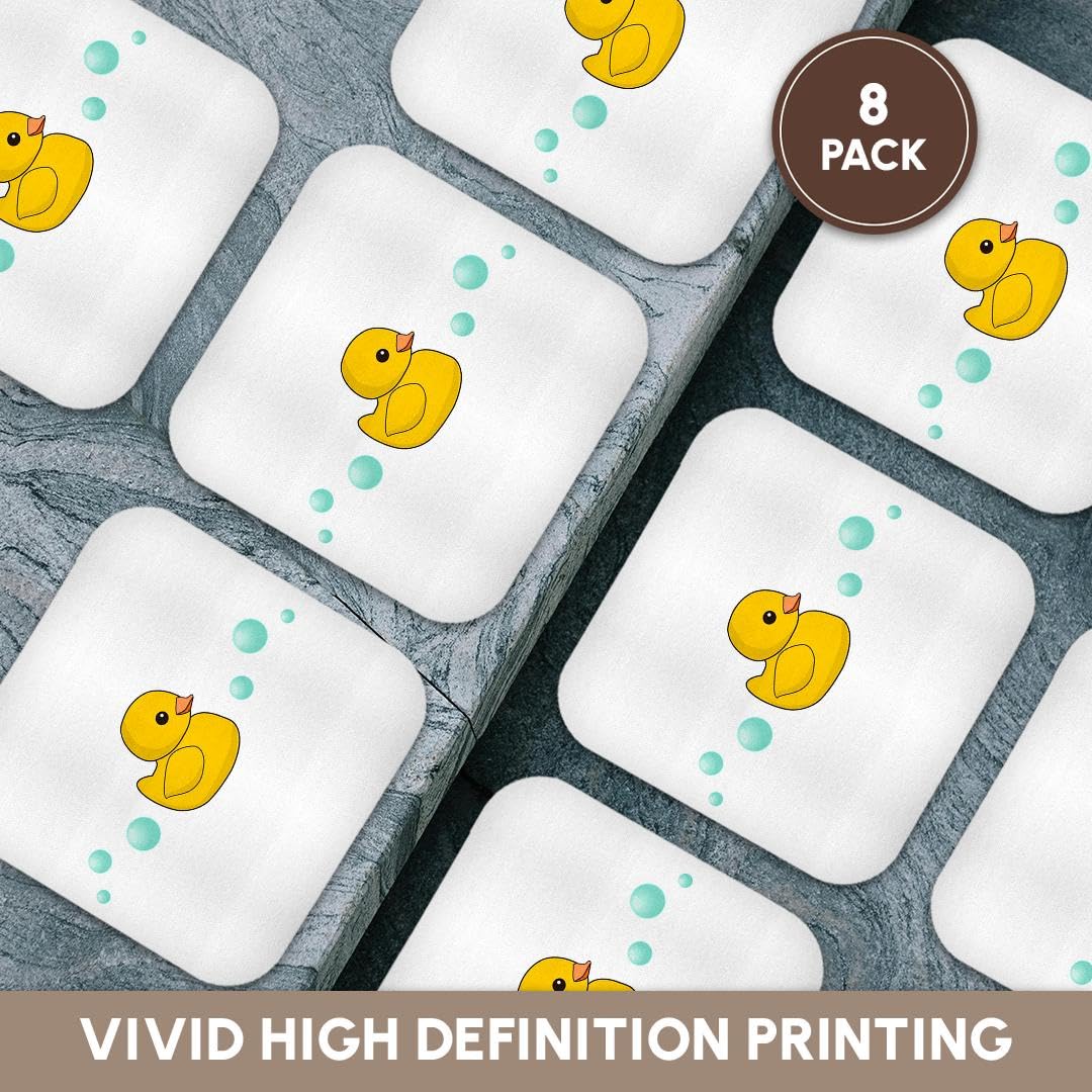 3dRose Set of 8 Cute Yellow Rubber Ducky Cartoon Coasters with Soap Bubbles - Kawaii Duckie Design on White Background - Adorable Sweet Duck Soft Drink Coasters for Home, Office & Party Decor