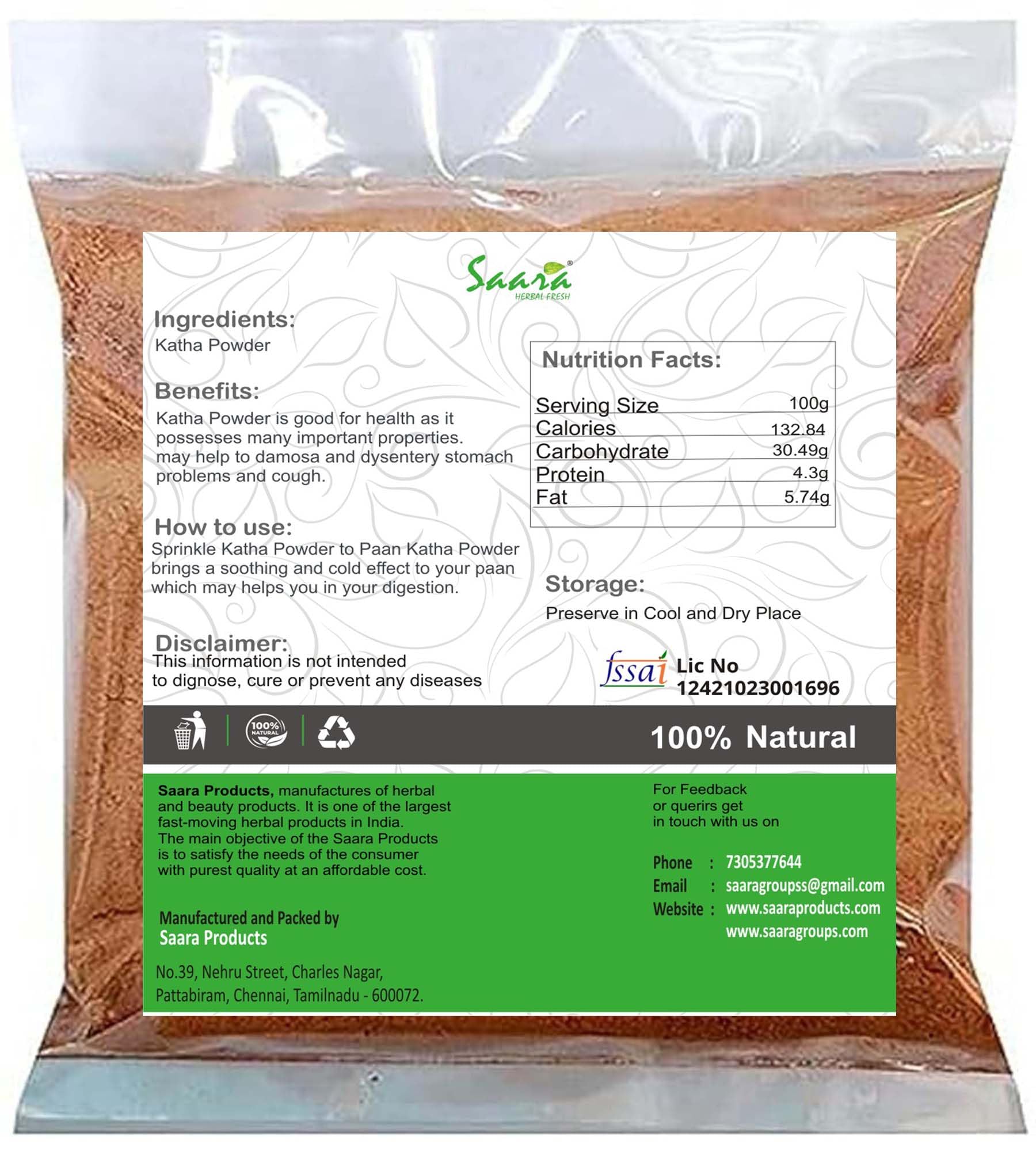 SAARA Herbal Fresh Katha Powder 51G - Natural Acacia Catechu Powder for Hair Care, Khair Chaal, Khadir Chaal - Promotes Healthy Hair Color & Scalp - Ideal for DIY Hair Masks & Natural Hair Dye (Pack of 1)