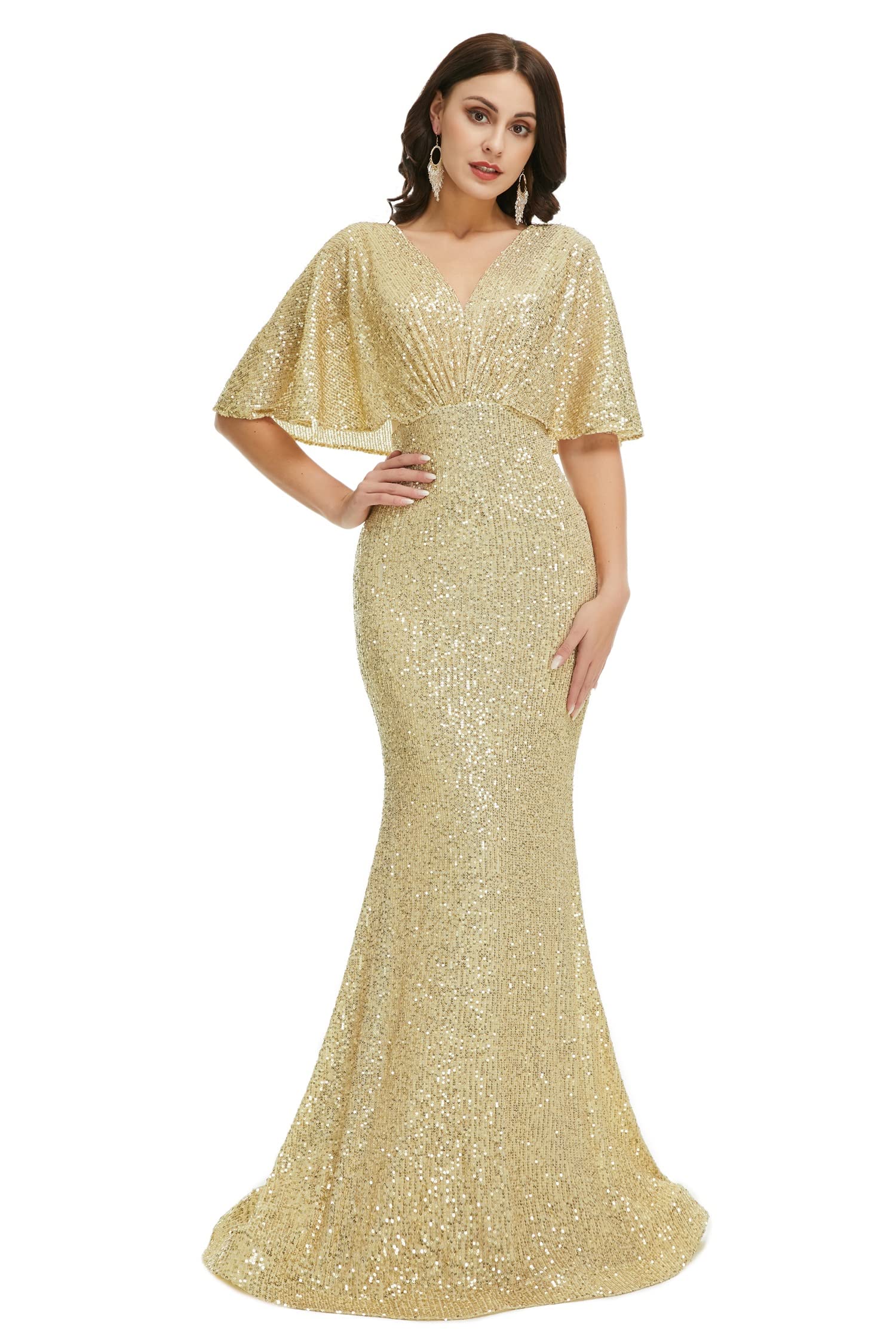Sparkly Sequin Mermaid Evening Dress for Women - V-Neck Short Sleeve Prom Party Gown, Perfect for Brides, Bridesmaids & Formal Events | Elegant Night Out & Special Occasions