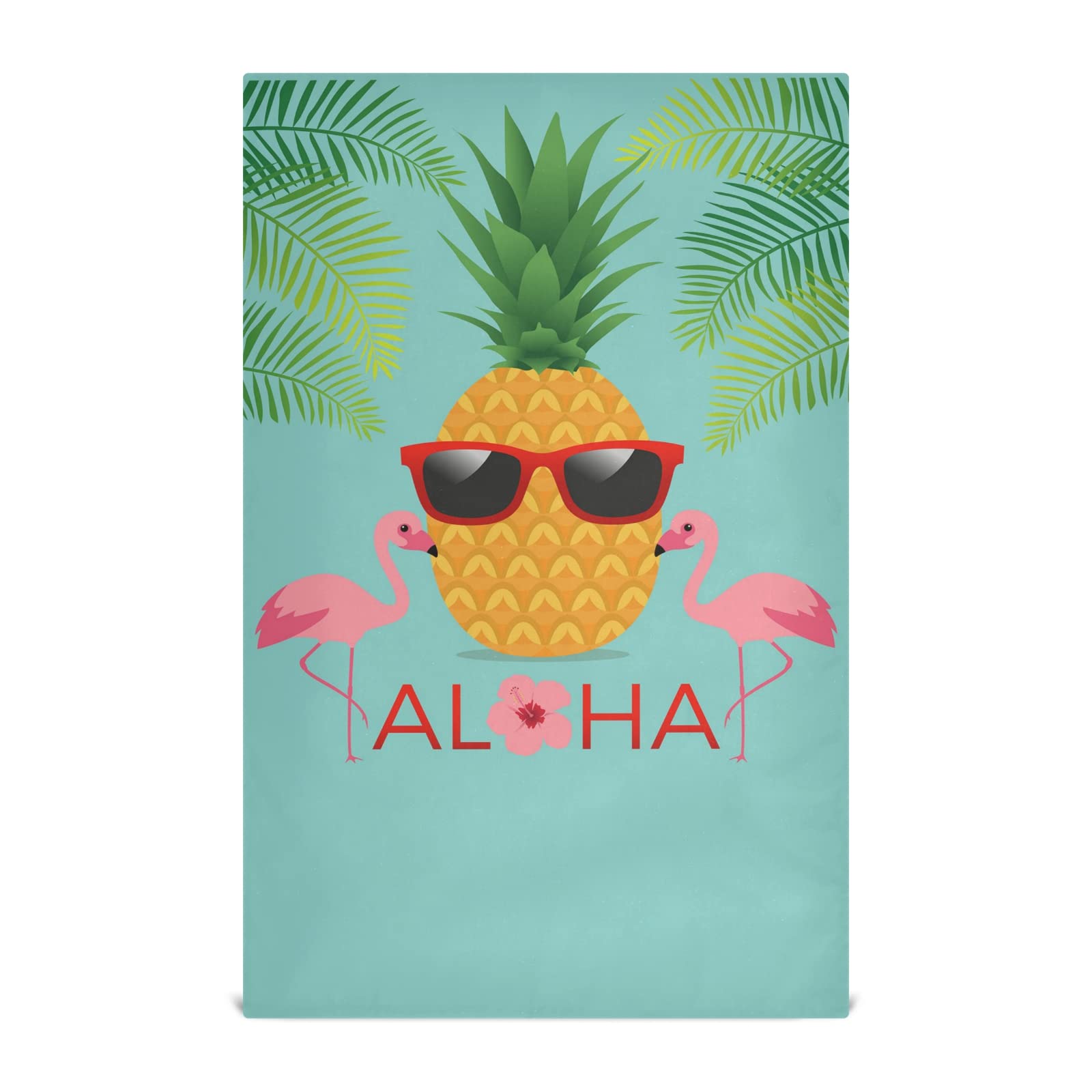 Aloha Two Pink Flamingos Green Palm Leaf Pineapple Set of 4 Polyester Kitchen Dish Towels - Hemmed Napkins, Waffle Dishcloths & Hand Bar Tea Towels with Hanging Loop for Hawaiian Themed Parties, Tropical Kitchen Decor & Summer Entertaining