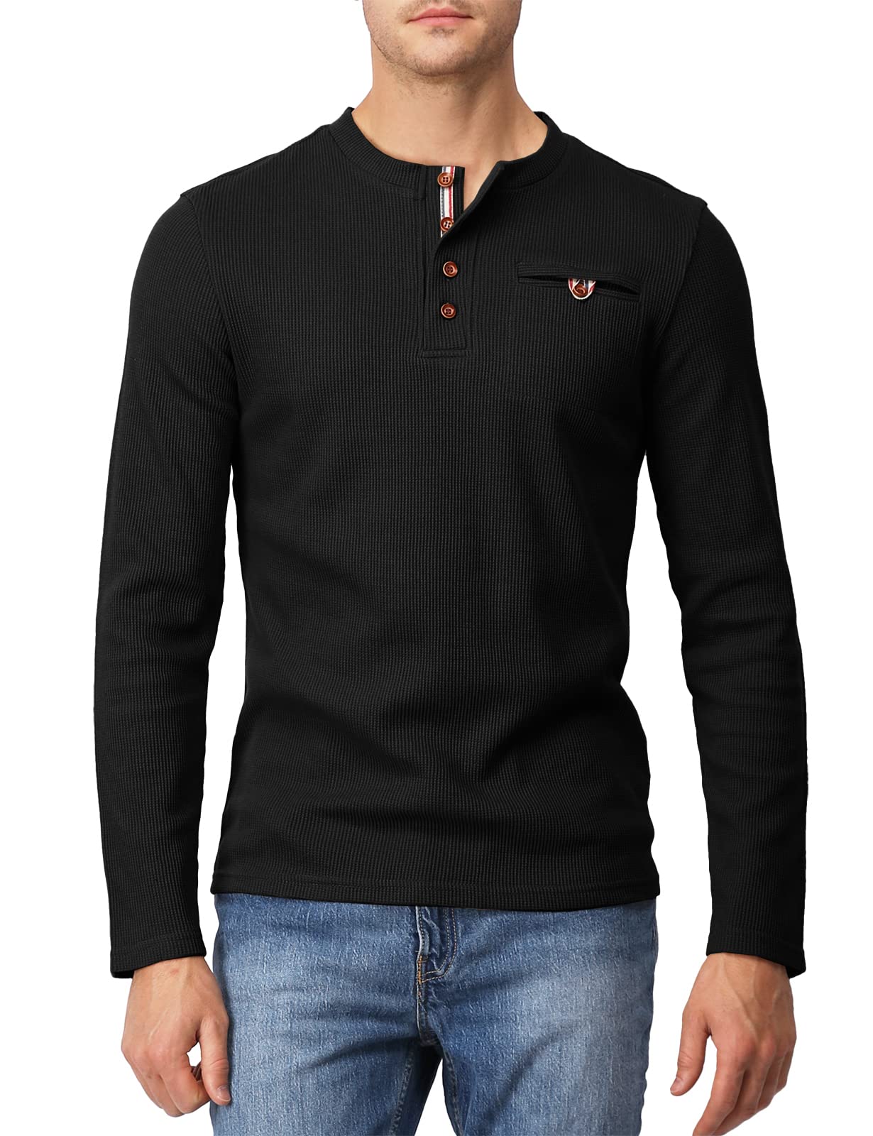 Men's Slim Fit Henley Shirt - Lightweight Cotton Waffle Fabric Long Sleeve Casual Shirt for Everyday Wear, Date Night & Outdoor Activities