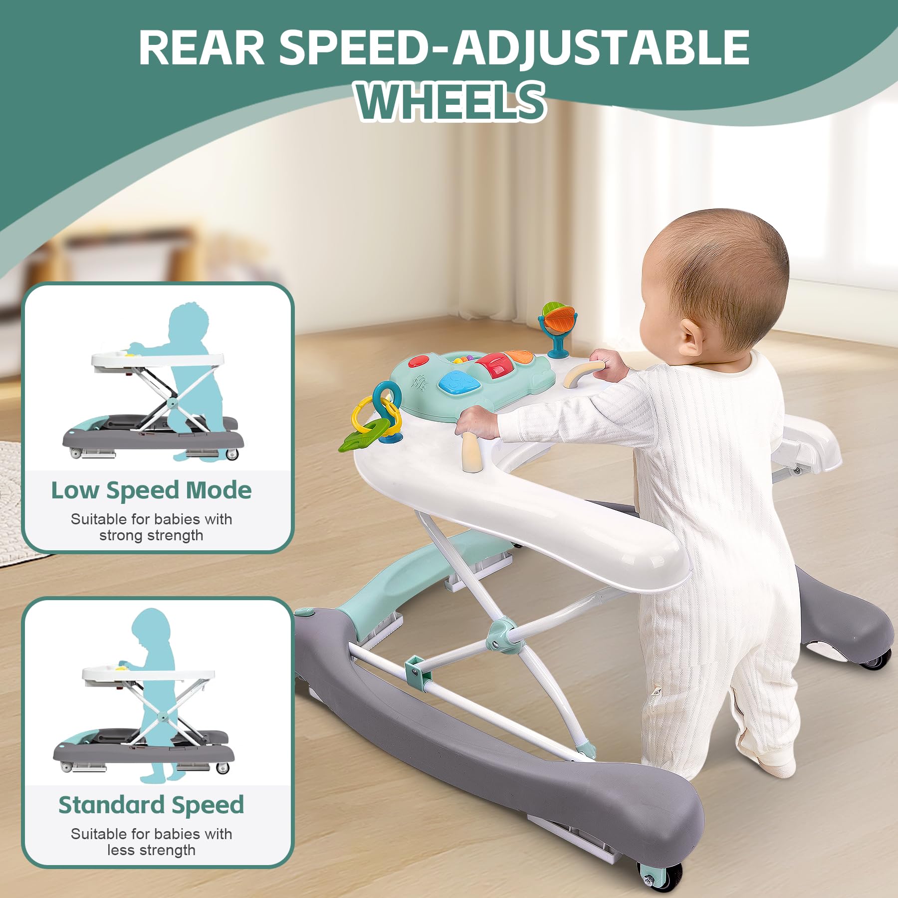 Foldable Baby 5-in-1 Activity Walker - Convertible Rocker, Activity Center, Bouncer, Seat & Push Walker for Infants 6-18 Months - Adjustable Speed Wheels & Height with Detachable Toys (Mint Green) | Perfect for Playtime, Learning & Safe Mobility at Home