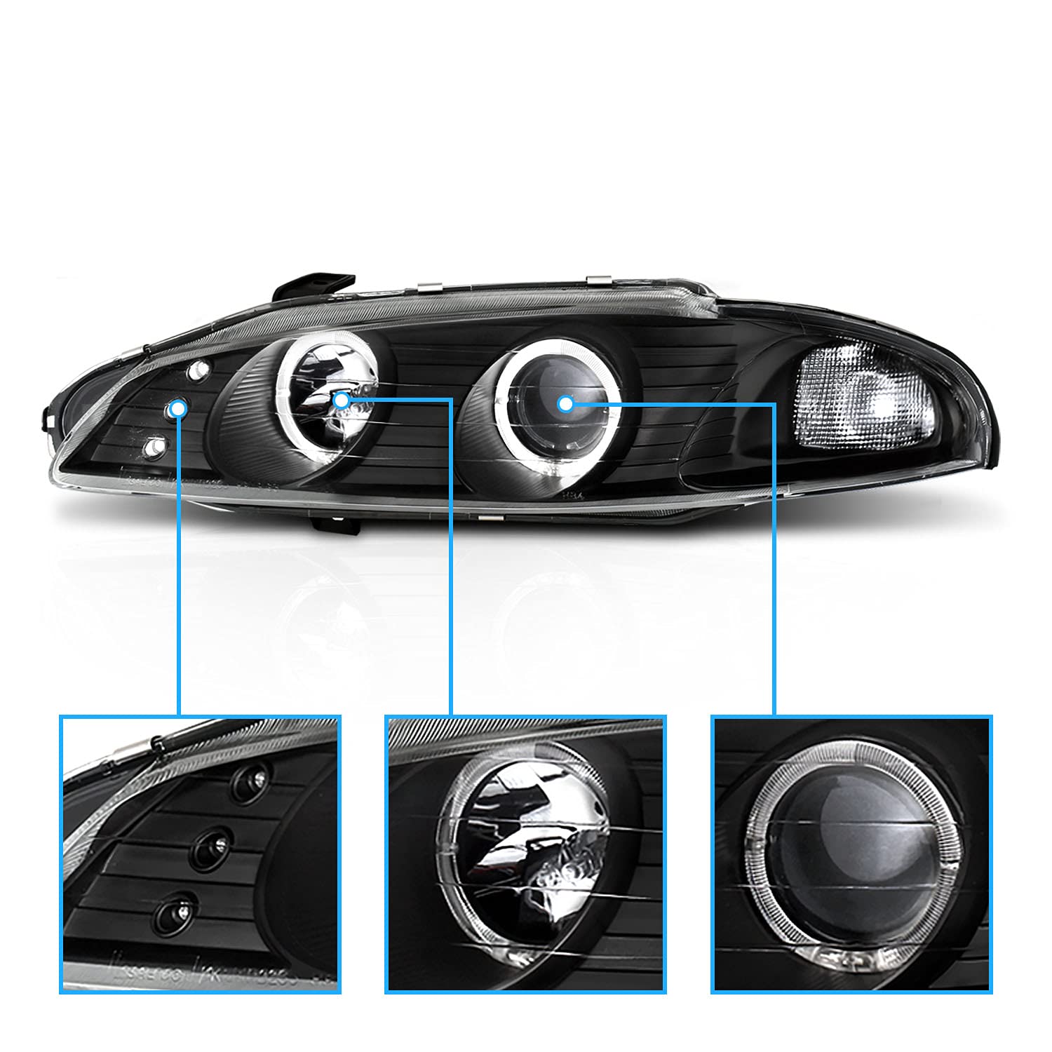 AmeriLite G2 Projector Headlights with Halo Rings - Black for Mitsubishi Eclipse (Passenger & Driver Side) - High-Performance Lighting for Night Driving & Car Customization